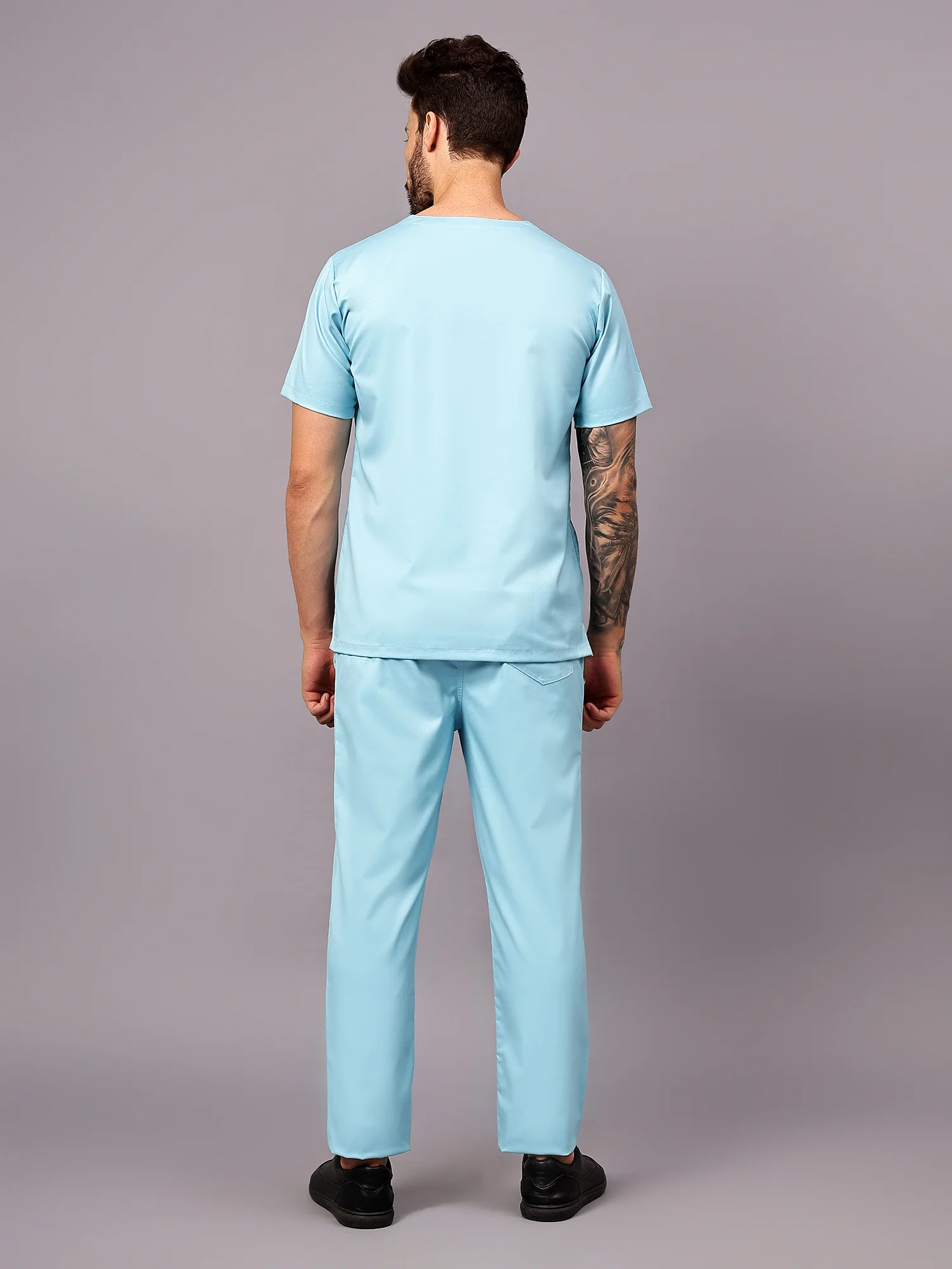 Stretchable (2Way) Men Aqua Blue V-Neck With Straight Pant Scrub Set - Image 3