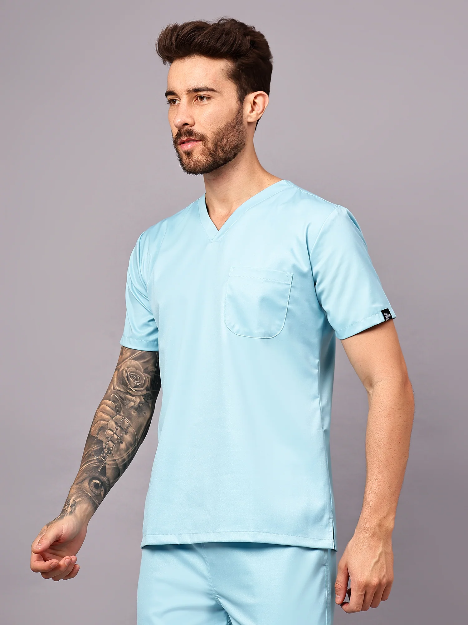 Stretchable (2Way) Men Aqua Blue V-Neck With Straight Pant Scrub Set - Image 4