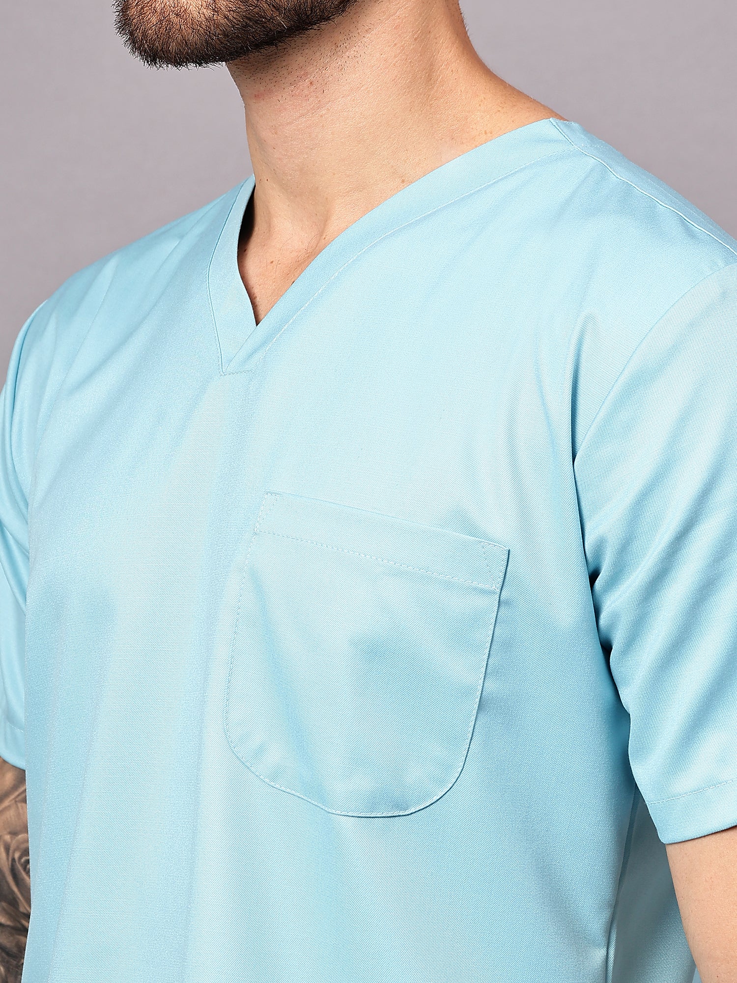 Stretchable (2Way) Men Aqua Blue V-Neck With Straight Pant Scrub Set - Image 9