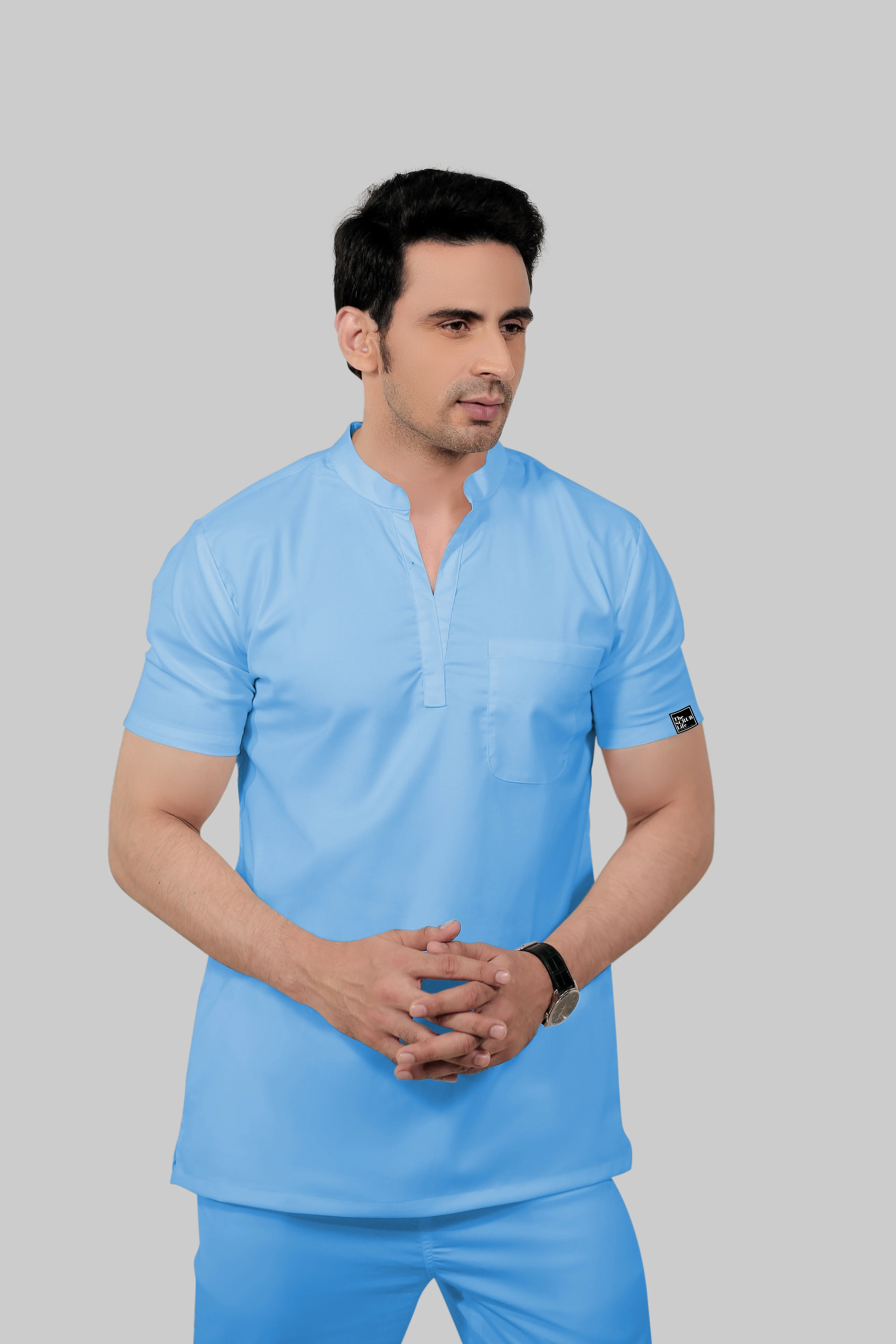 Stretchable (2Way) Men Light Blue Mandarin Neck With Jogger Scrub Set - Image 3