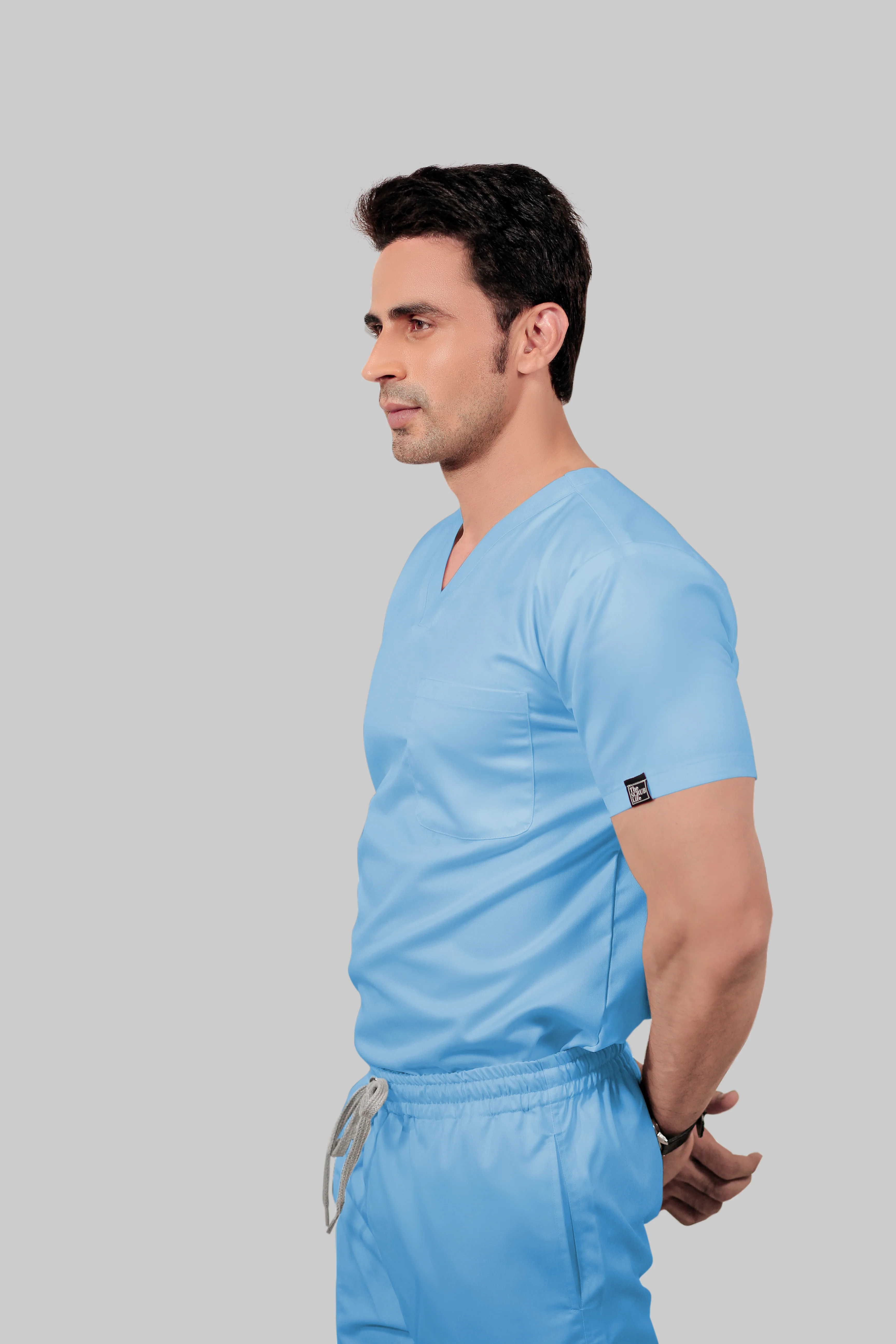 Stretchable (2Way) Men Light Blue V-Neck With Jogger Scrub Set - Image 3