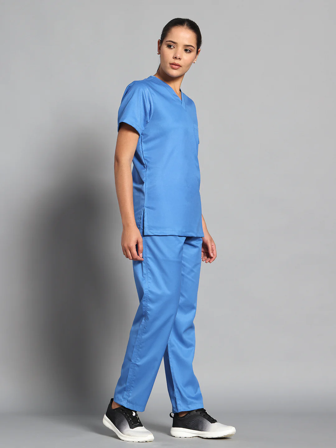Stretchable (2Way) Women Light Blue V-Neck With Straight Pant Scrub Set - Image 5