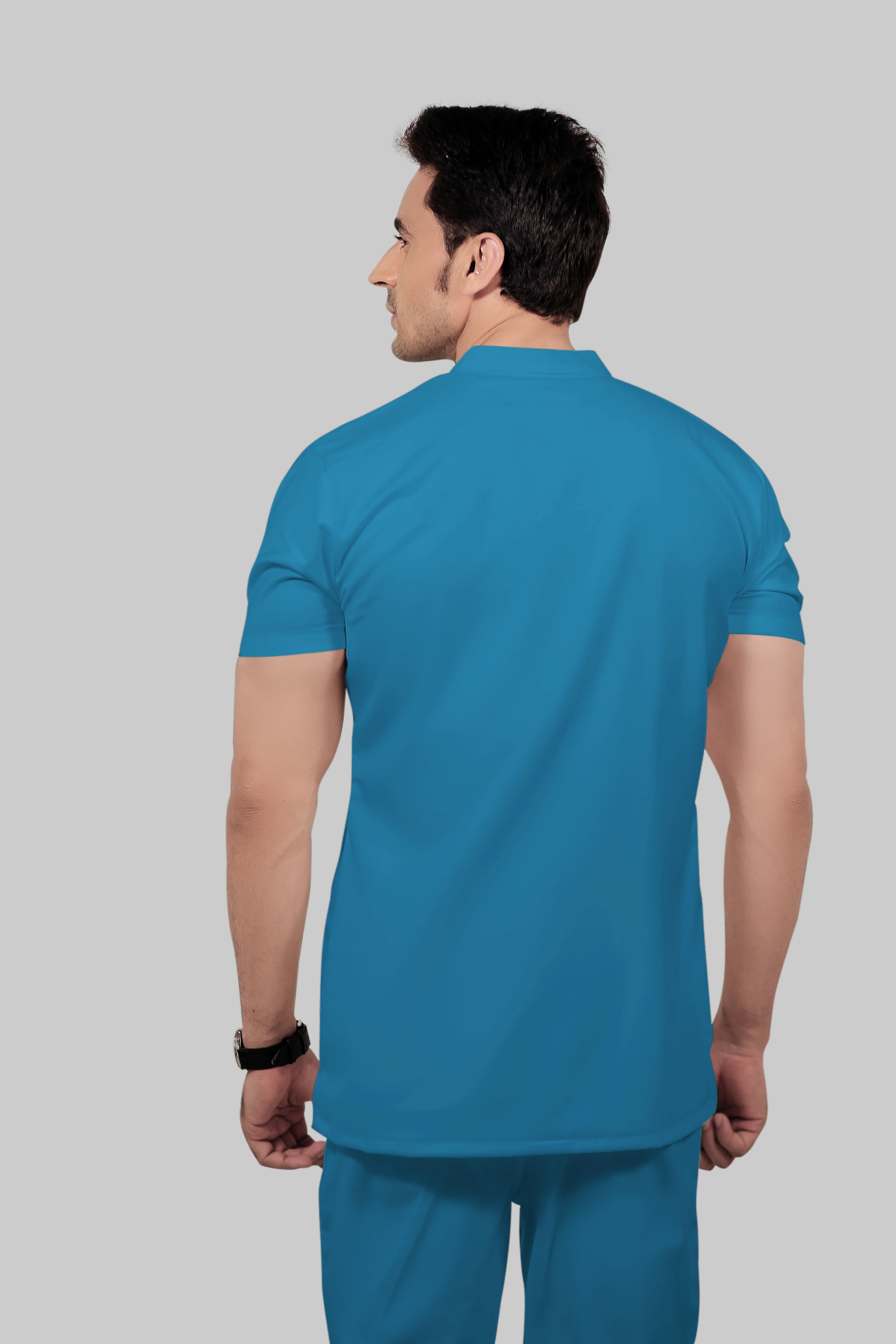 Stretchable (2Way) Men Peacock Blue Mandarin Neck With Jogger Scrub Set - Image 4