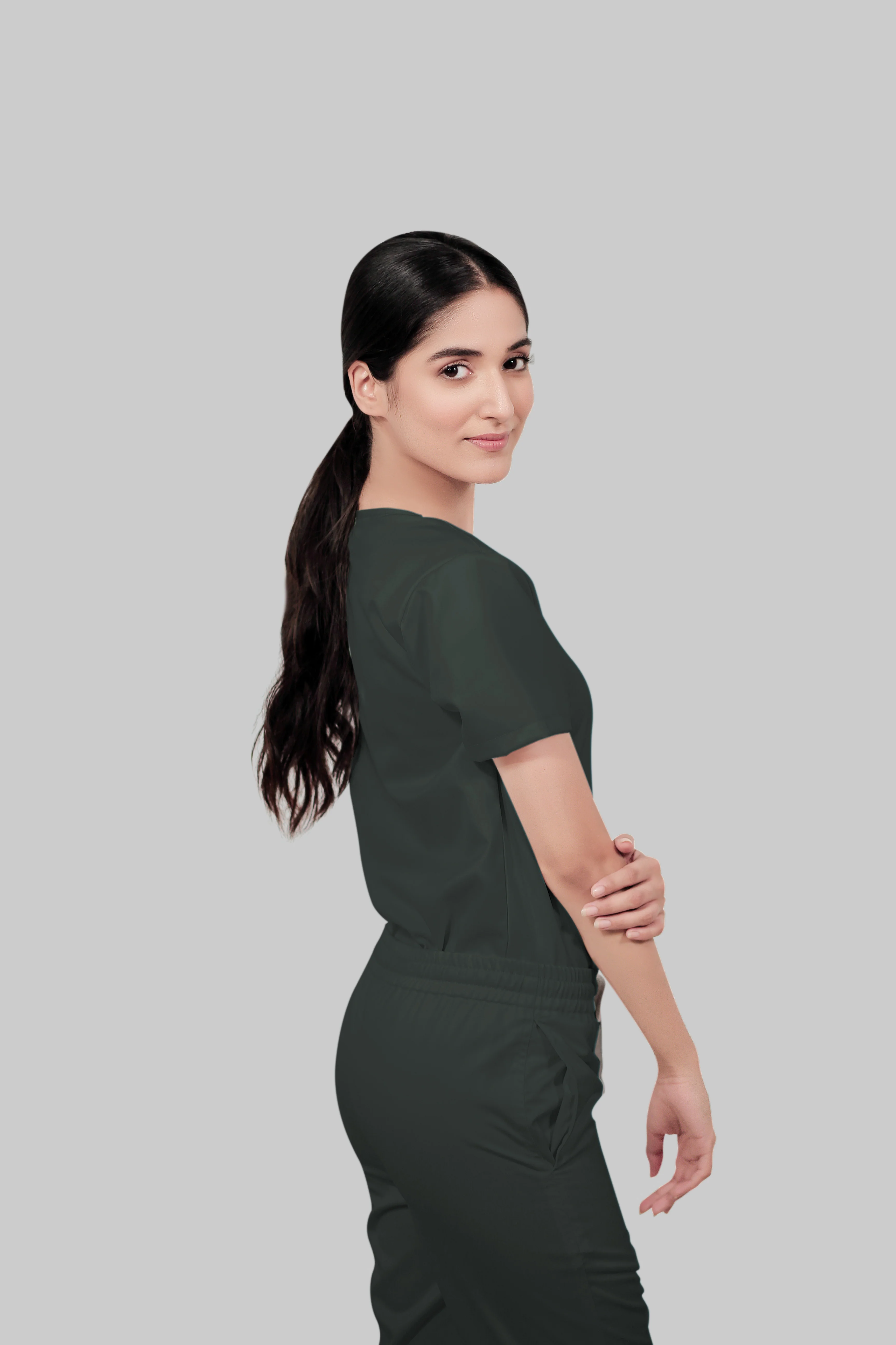 Stretchable (2Way) Women Bottle Green V-Neck Scrub Top - Image 3