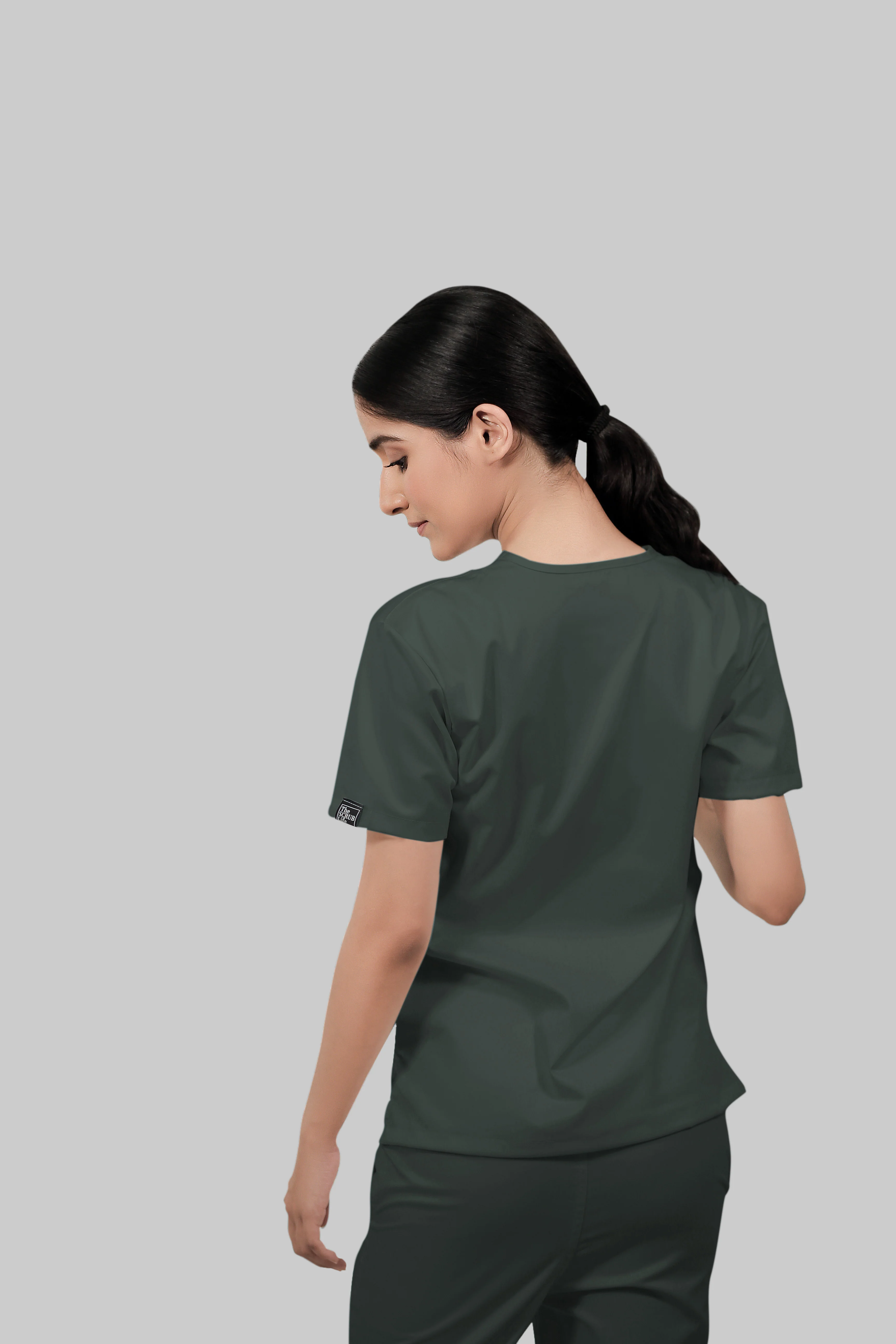 Stretchable (2Way) Women Bottle Green V-Neck Scrub Top - Image 4