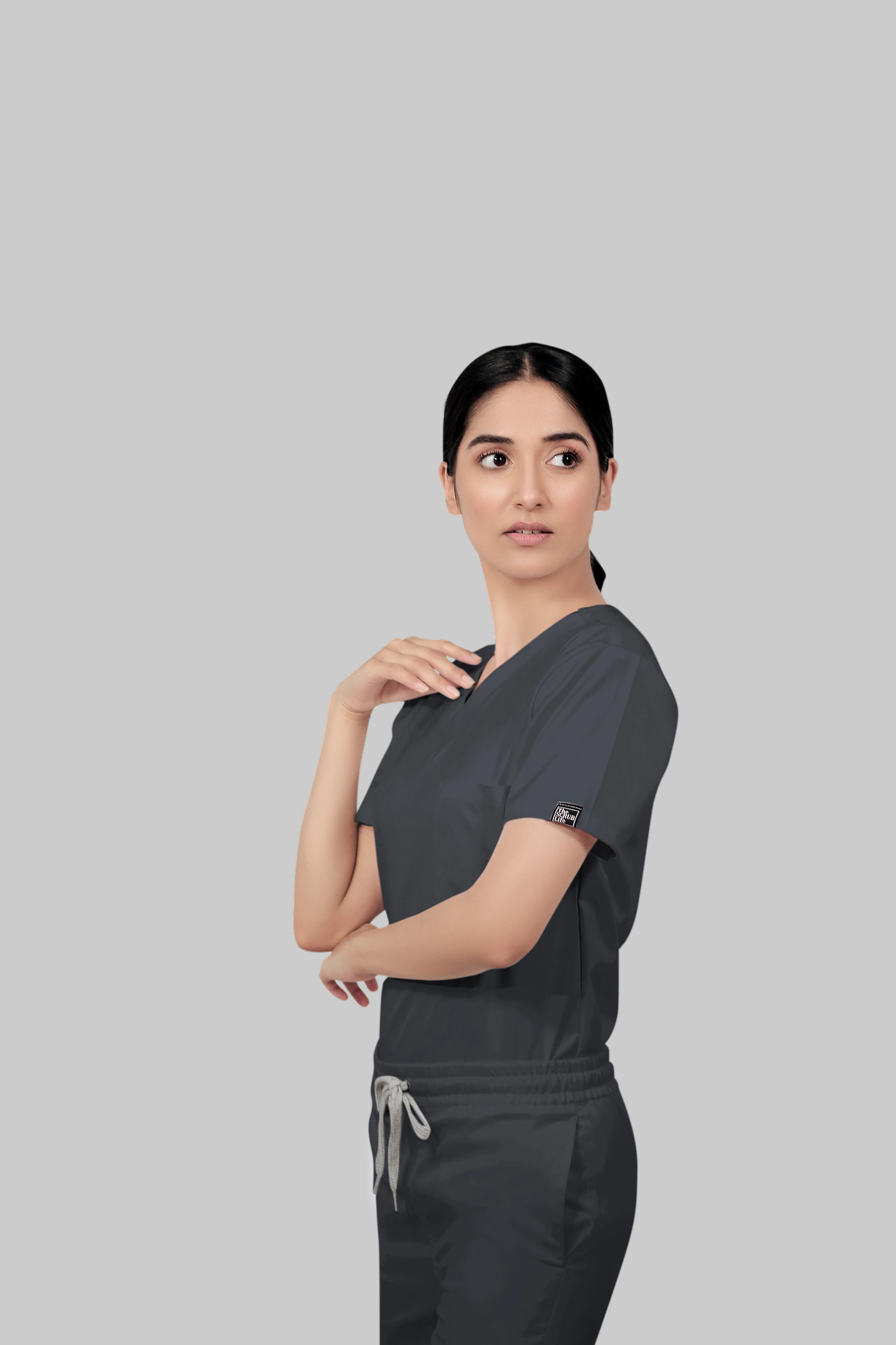 Stretchable (2Way) Women Dark Gray V-Neck Scrub Top - Image 2