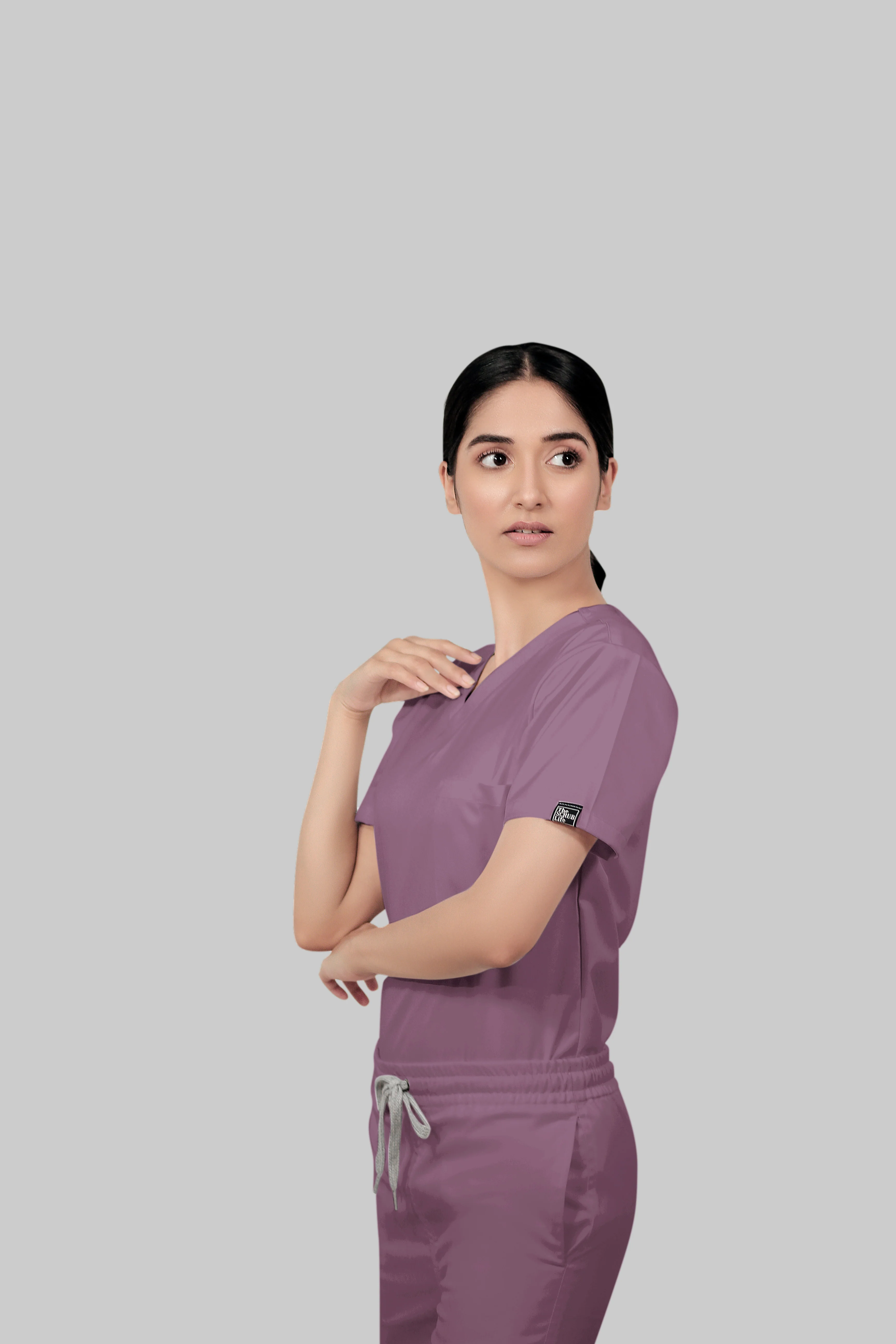 Stretchable (2Way) Women Lilac V-Neck Scrub Top - Image 2