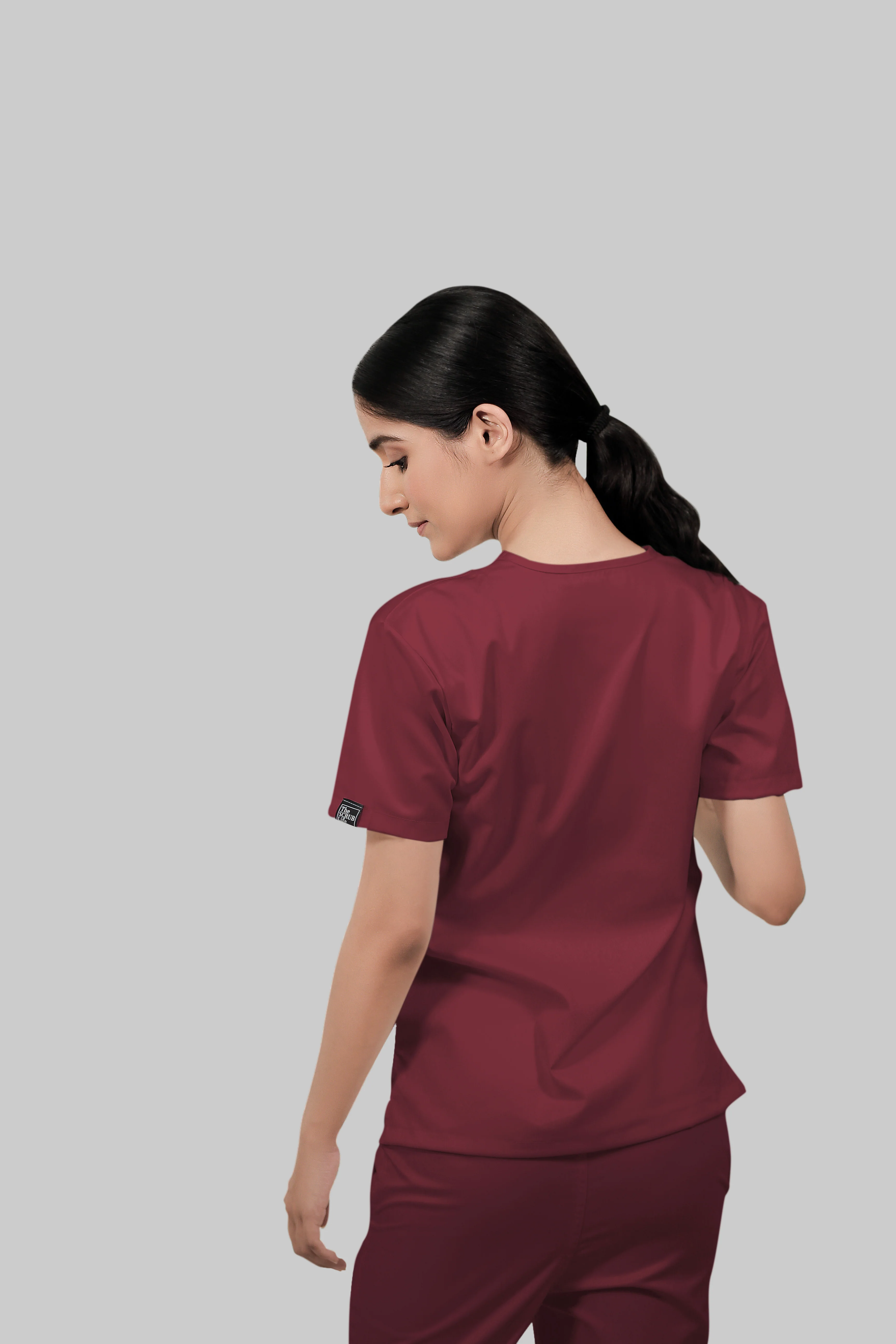 Stretchable (2Way) Women Maroon V-Neck Scrub Top - Image 4