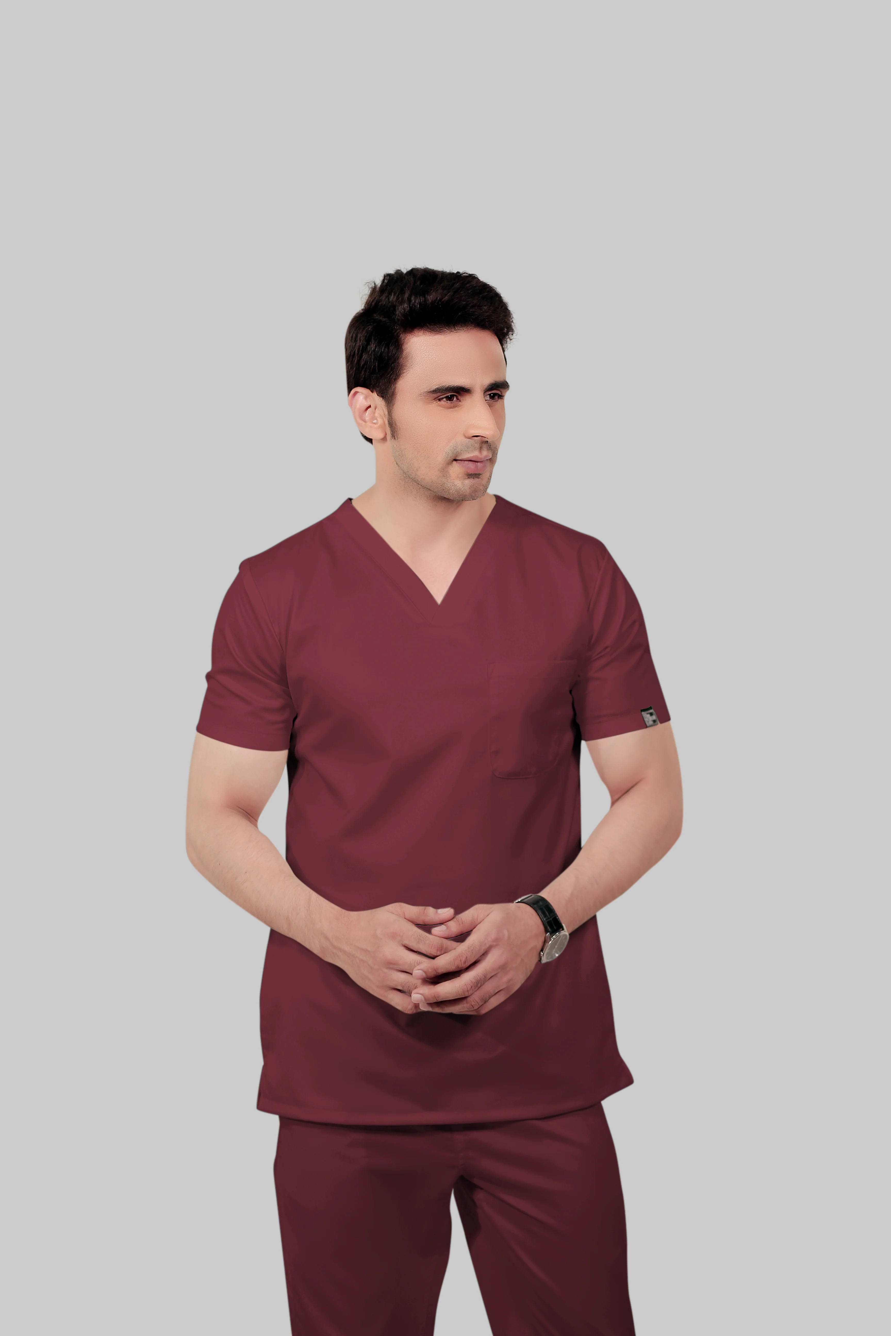 Stretchable (2Way) Men Maroon V-Neck Scrub Top - Image 2