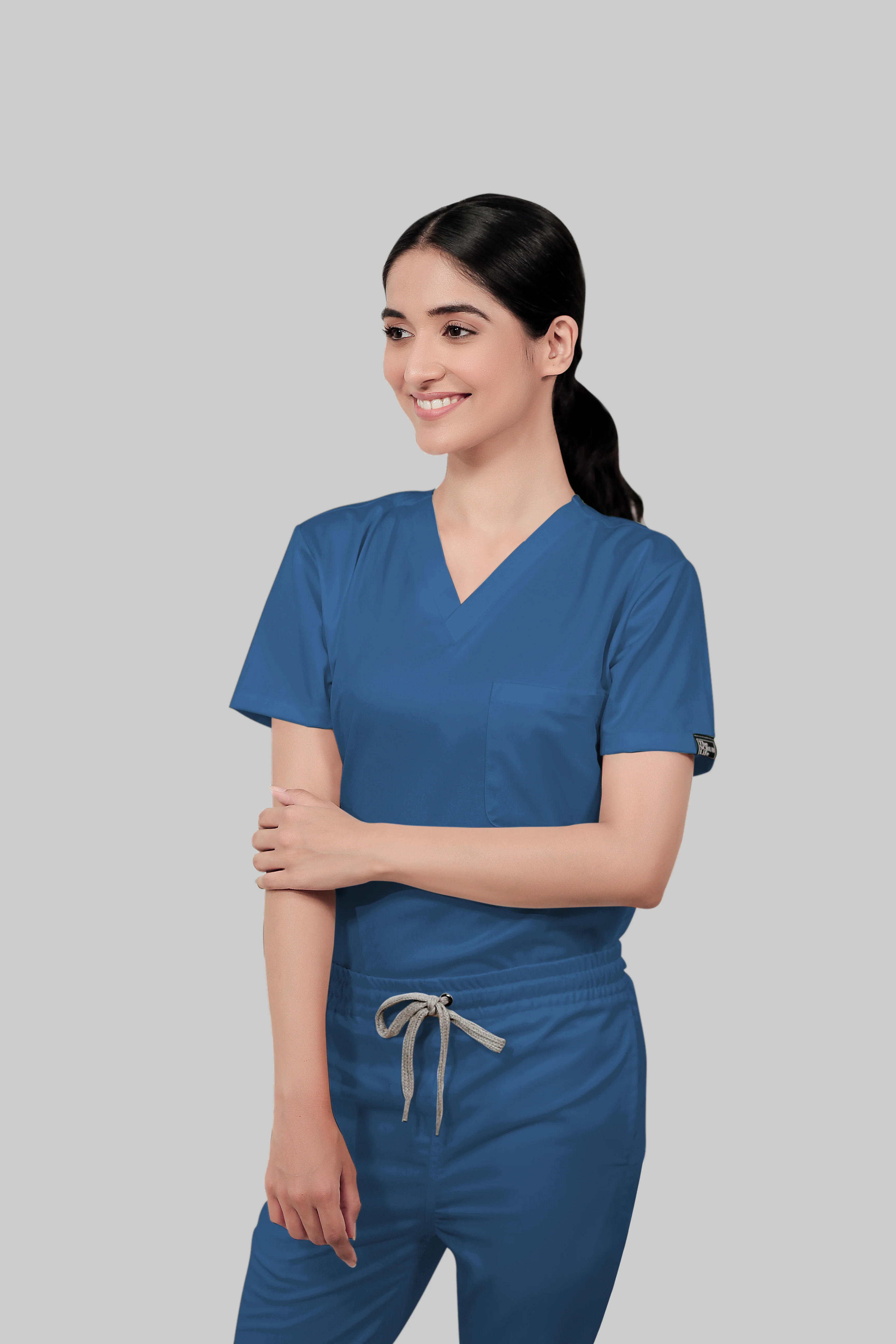 Stretchable (2Way) Women Steel Blue V-Neck Scrub Top