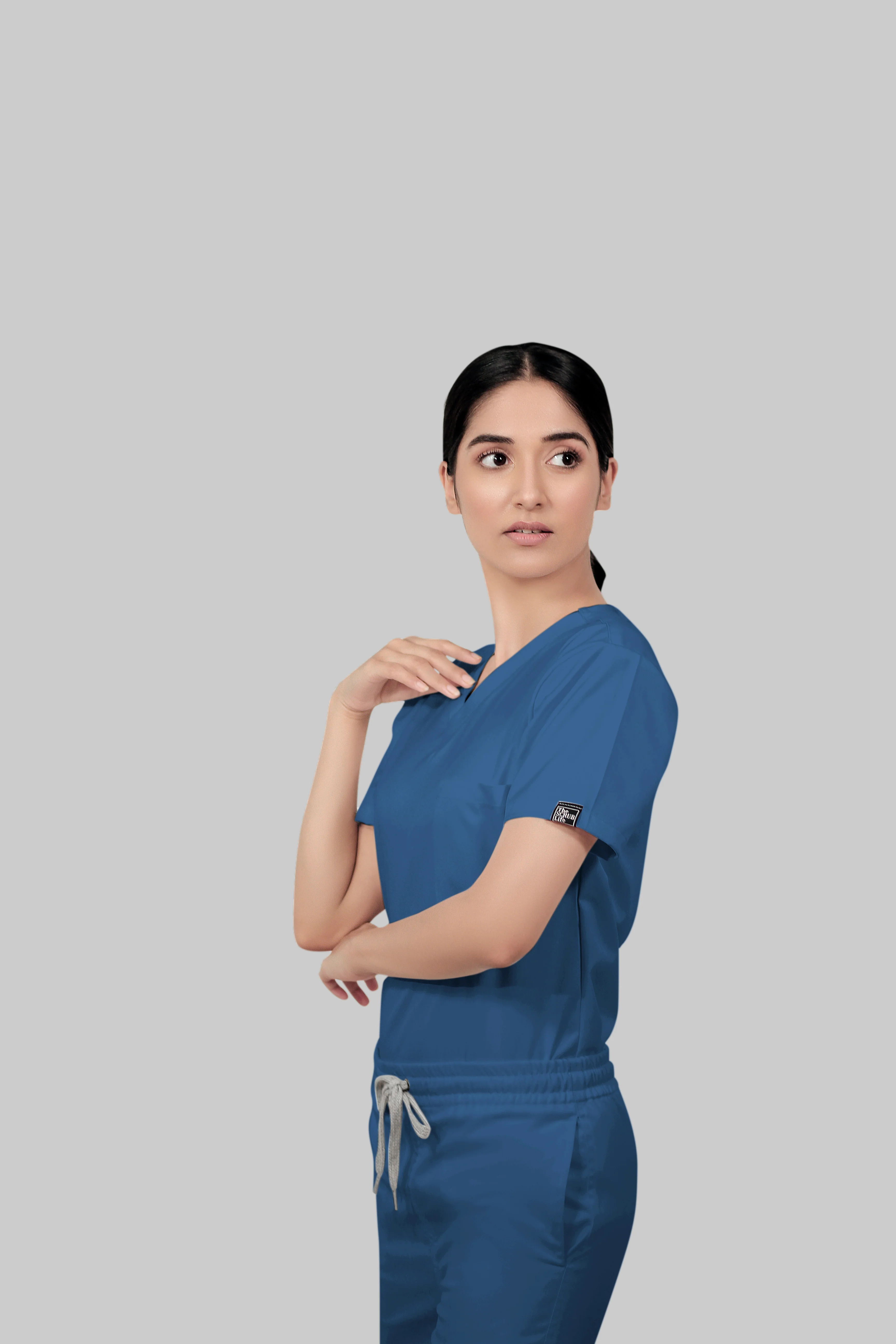 Stretchable (2Way) Women Steel Blue V-Neck Scrub Top - Image 2