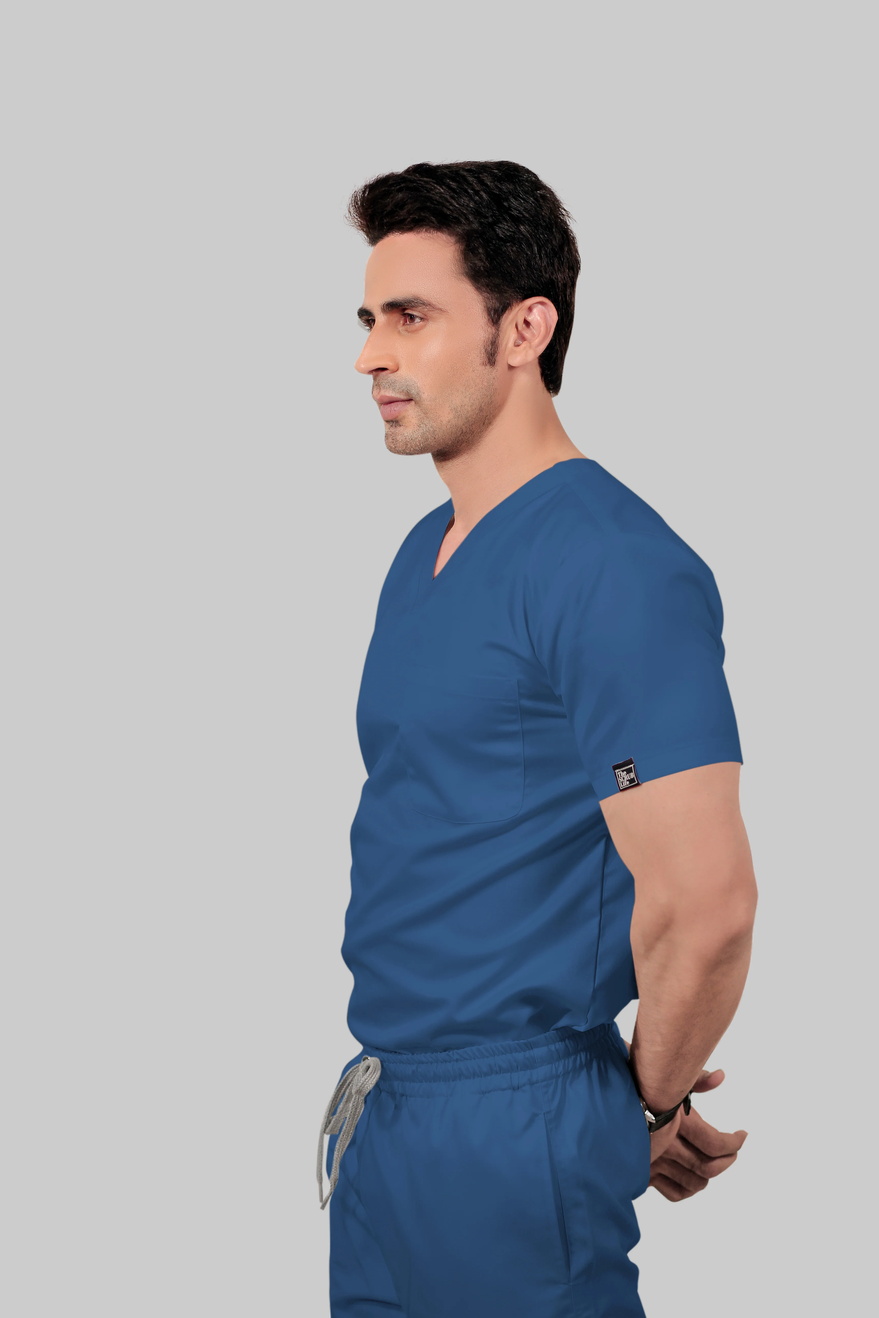 Stretchable (2Way) Men Steel Blue V-Neck Scrub Top - Image 3