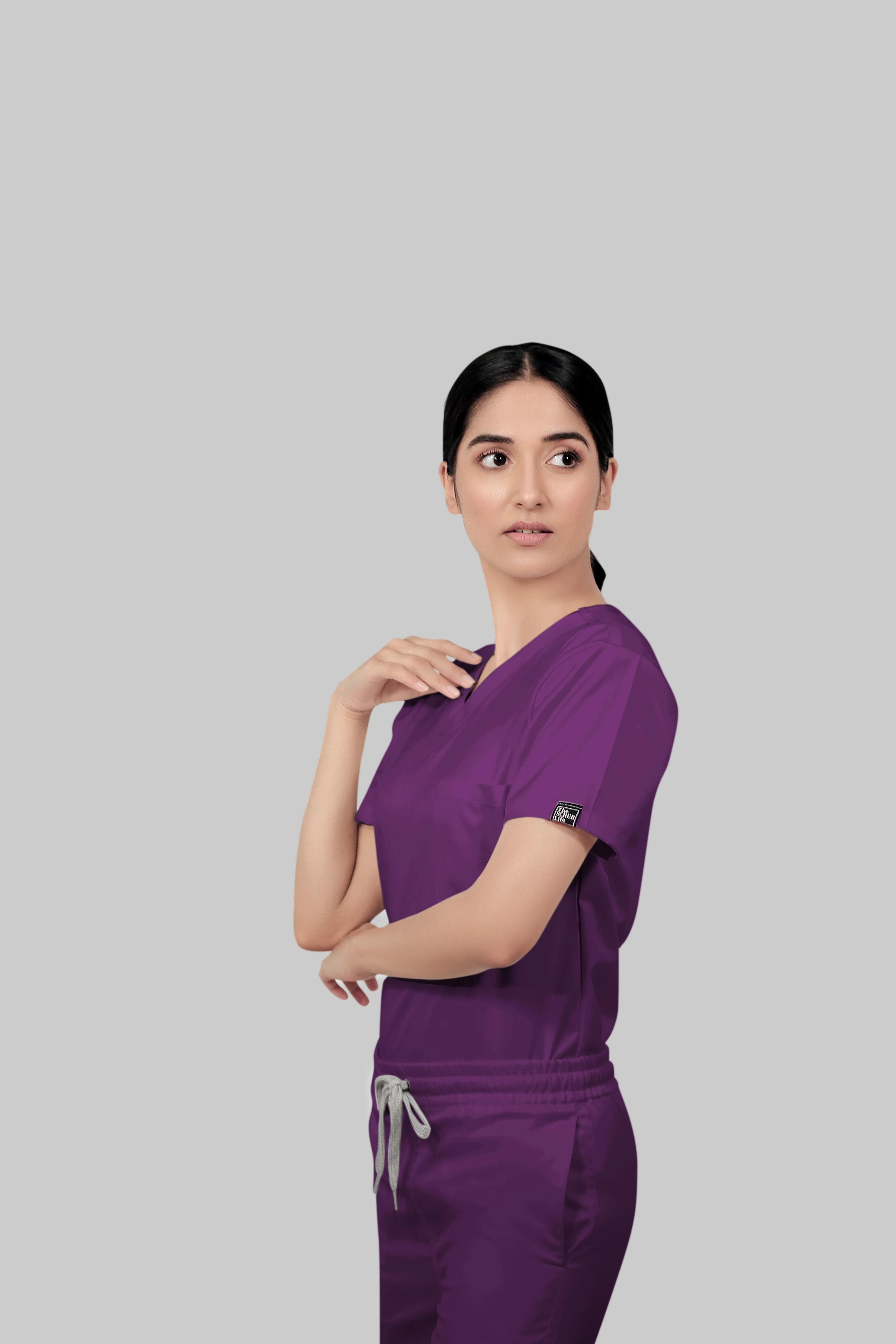 Stretchable (2Way) Women Purple V-Neck Scrub Top - Image 2