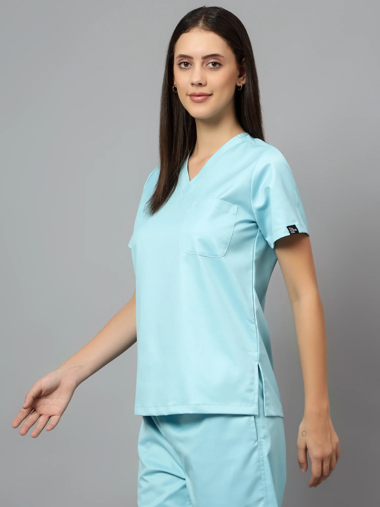 Stretchable (2Way) Women Aqua Blue V-Neck Scrub Top - Image 2