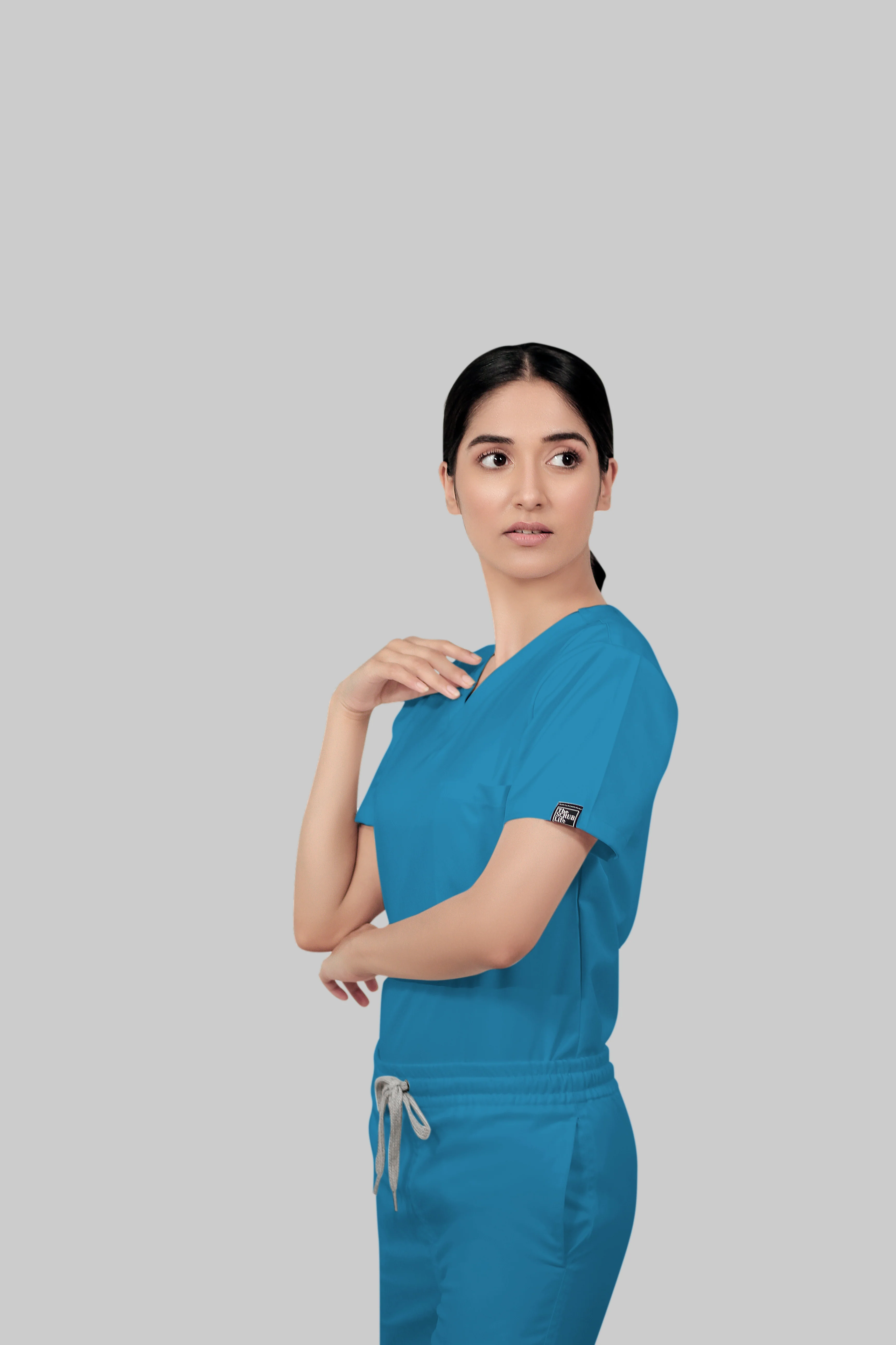 Stretchable (2Way) Women Peacock Blue V-Neck Scrub Top - Image 2