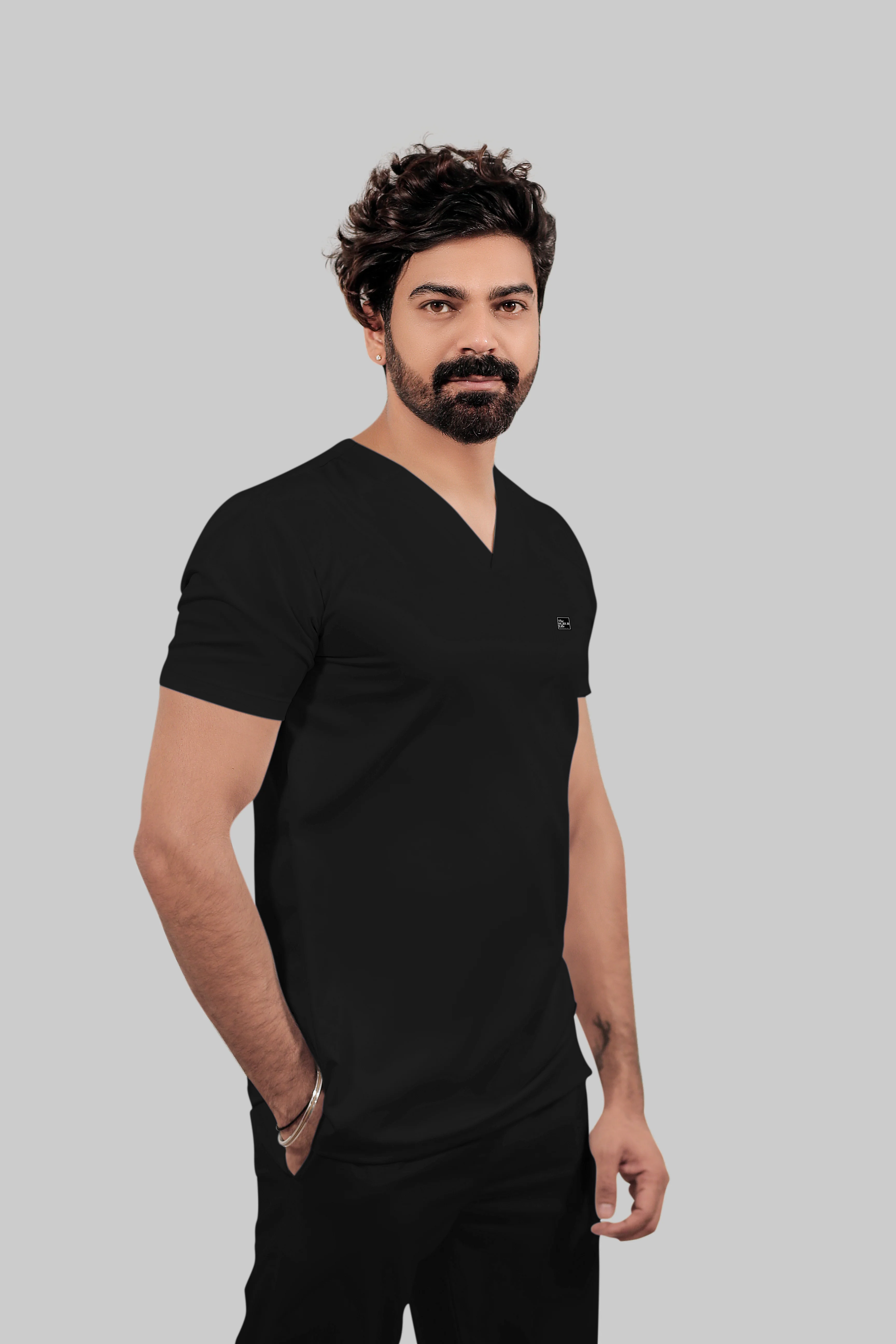 Stretchable (4Way) Men Black V-Neck With Straight Pant Scrub Set - Image 3