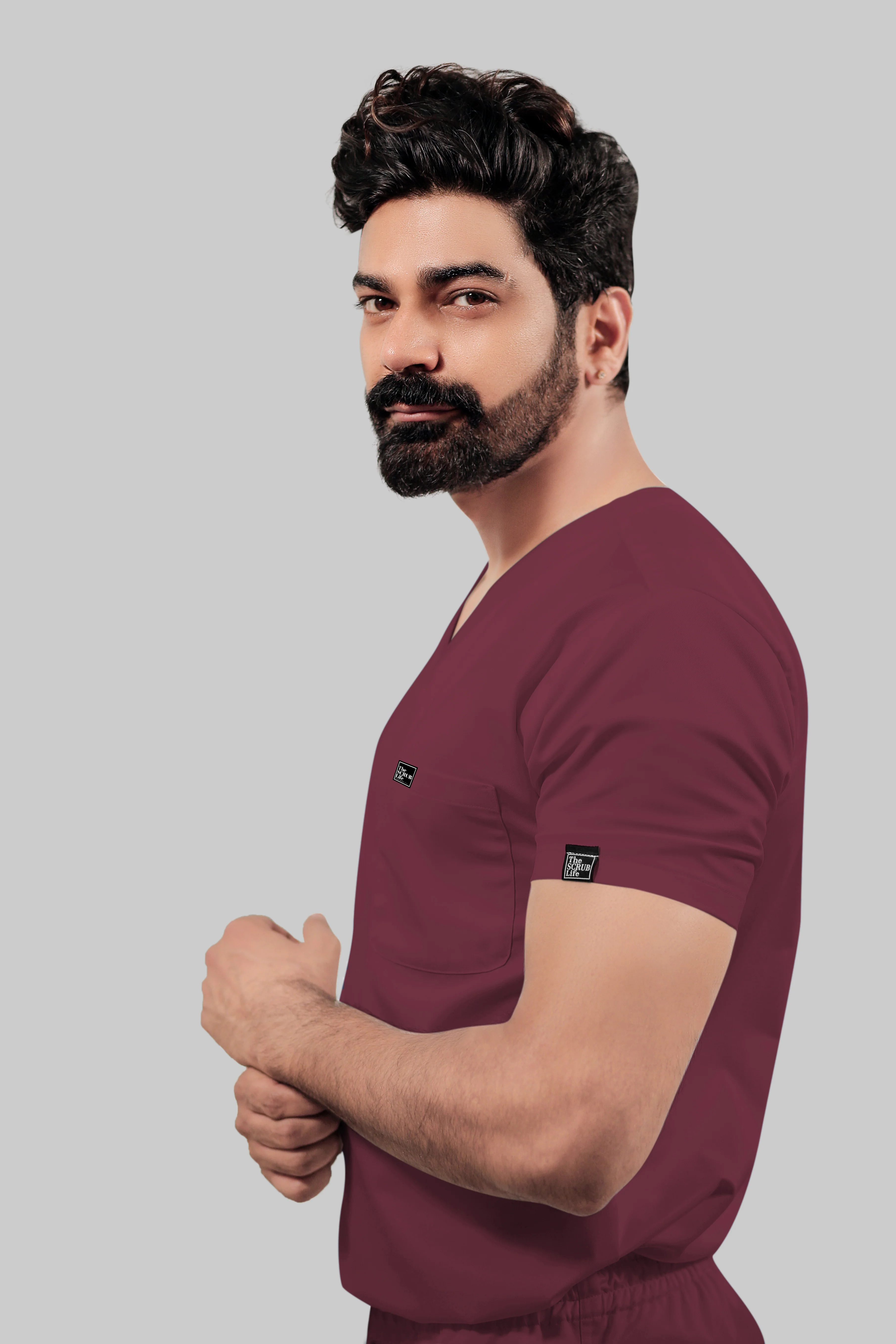 Stretchable (4Way) Men Burgundy V-Neck With Jogger Scrub Set - Image 3