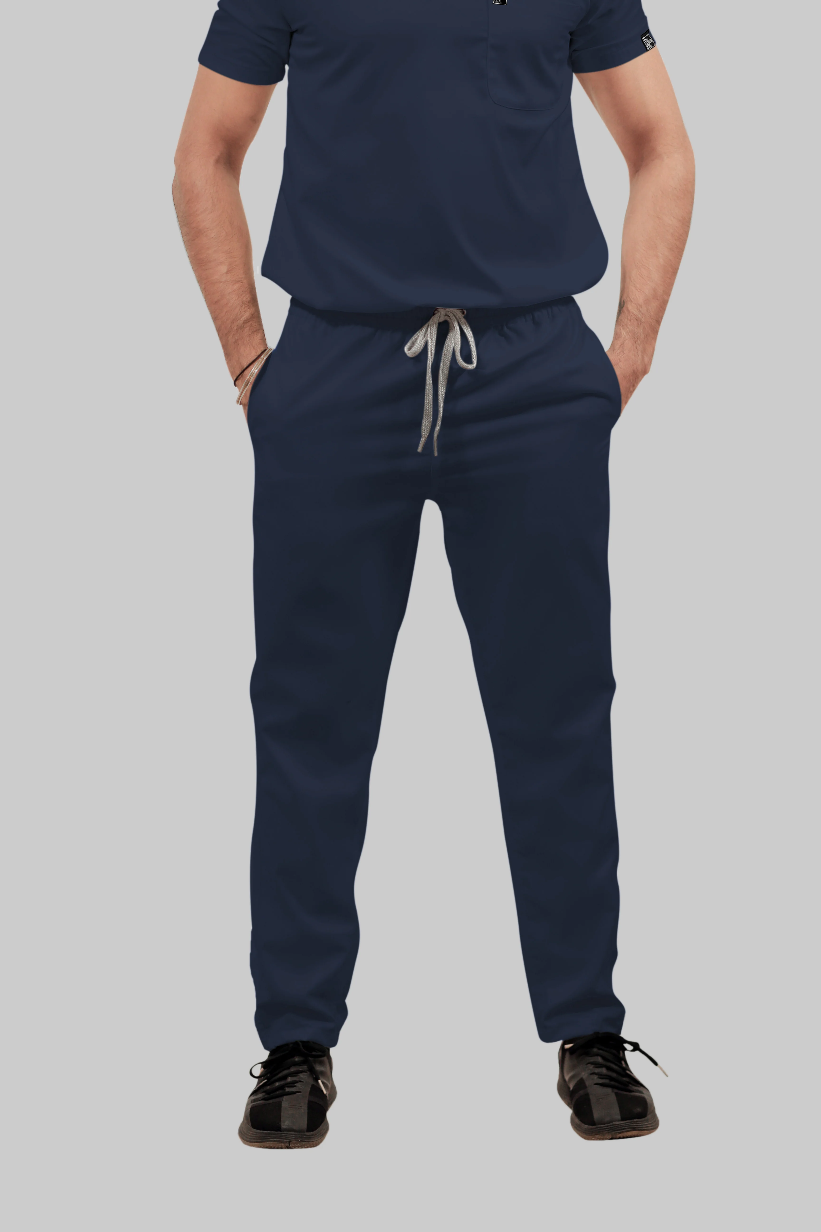 Stretchable (4Way) Men Navy Blue V-Neck With Straight Pant Scrub Set - Image 5