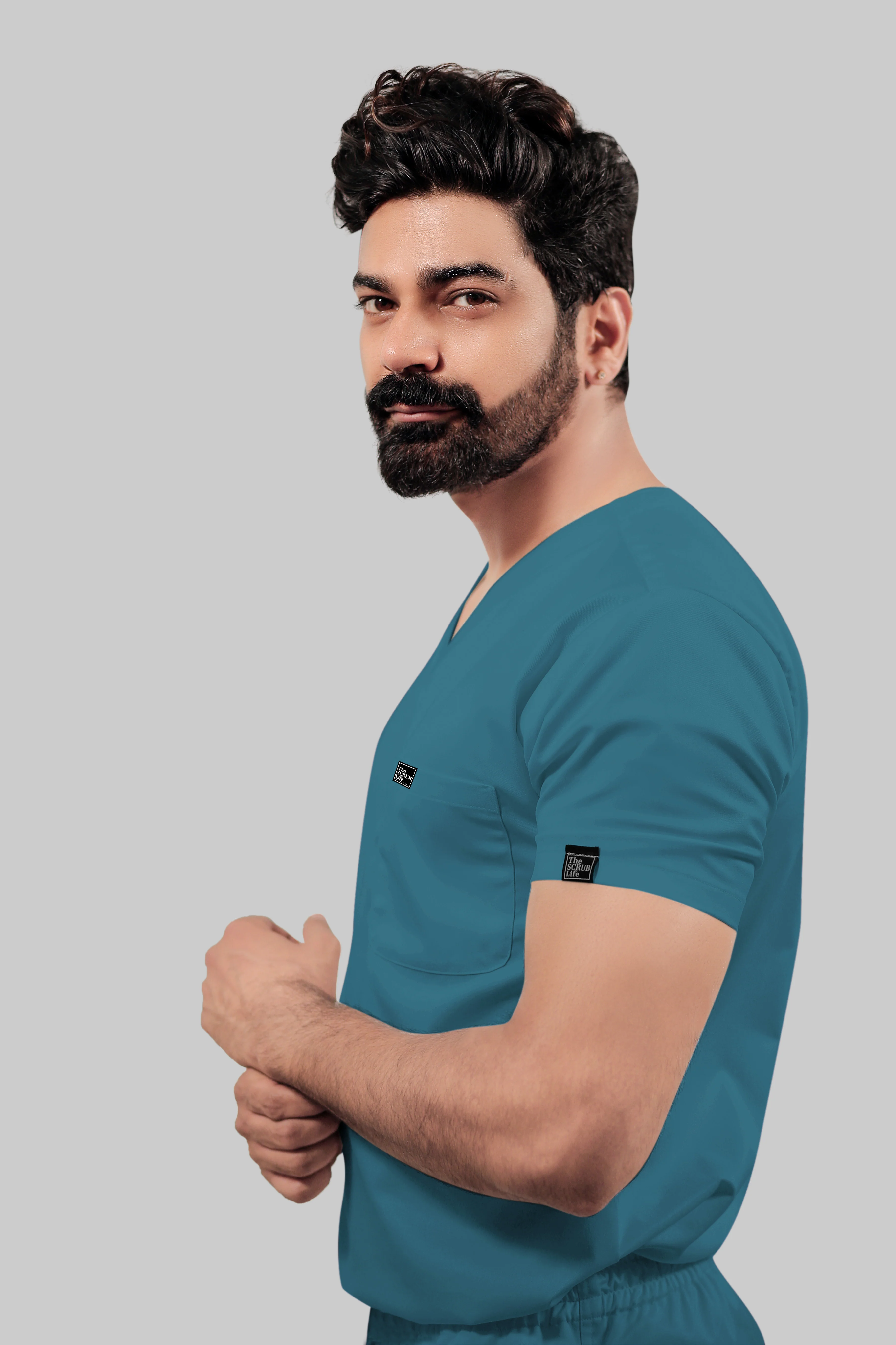 Stretchable (4Way) Men Peacock Blue V-Neck With Jogger Scrub Set - Image 3