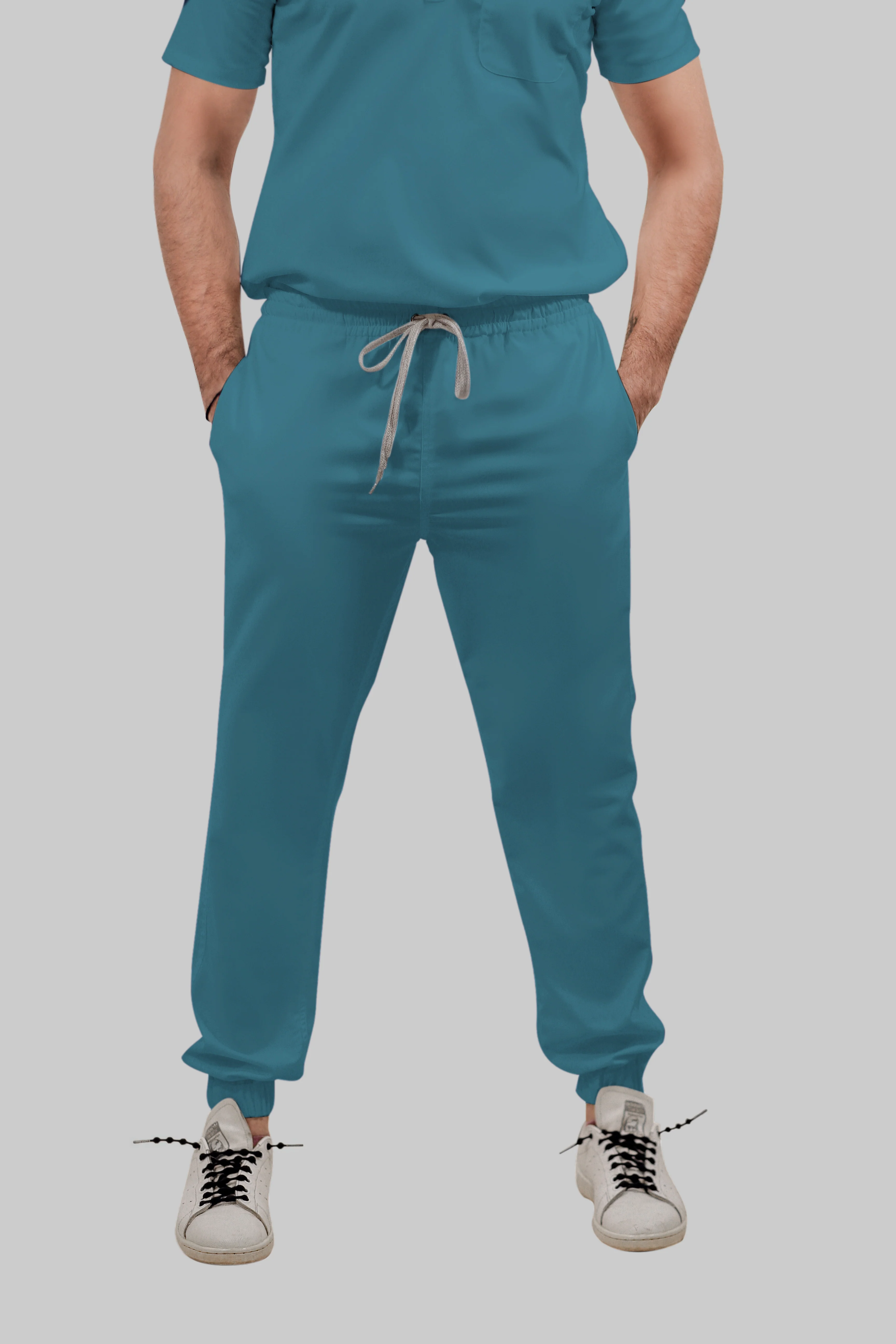 Stretchable (4Way) Men Peacock Blue V-Neck With Jogger Scrub Set - Image 4