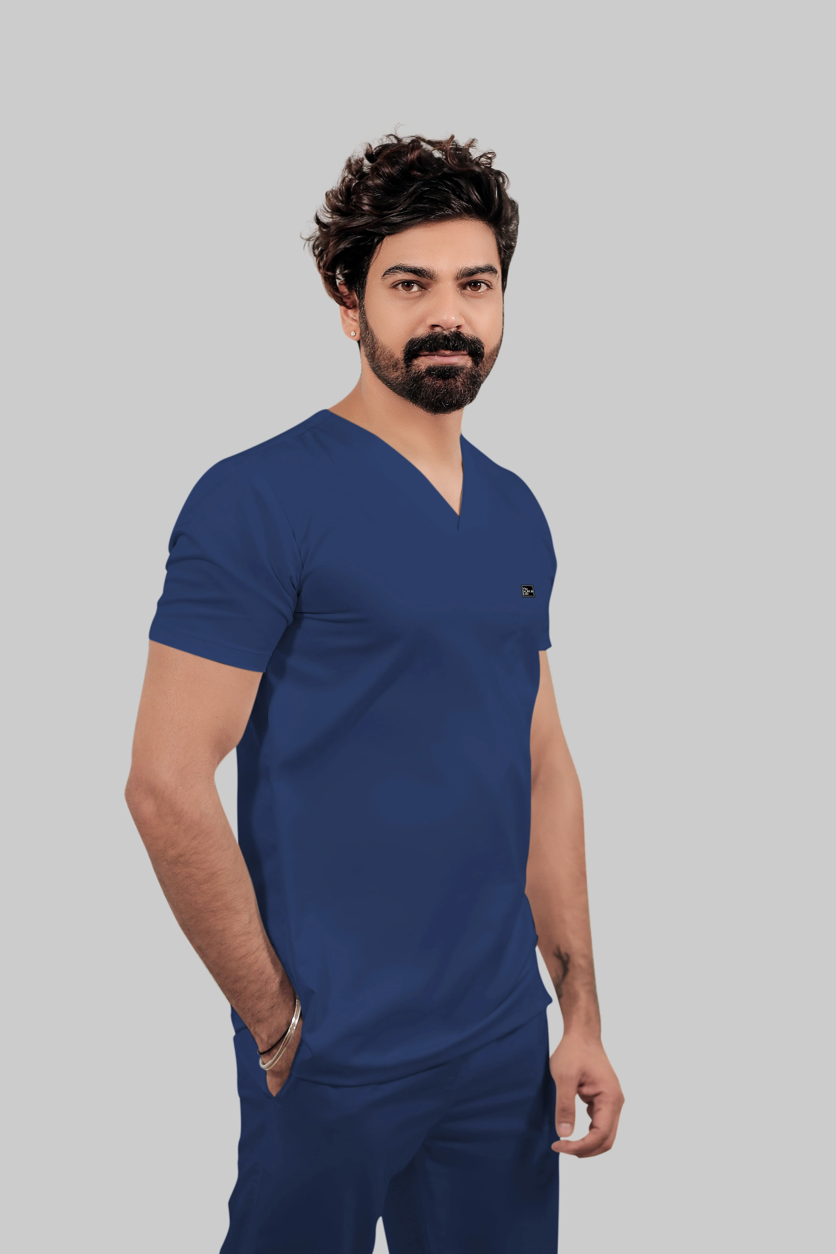 Stretchable (4Way) Men Royal Blue V-Neck With Straight Pant Scrub Set - Image 3