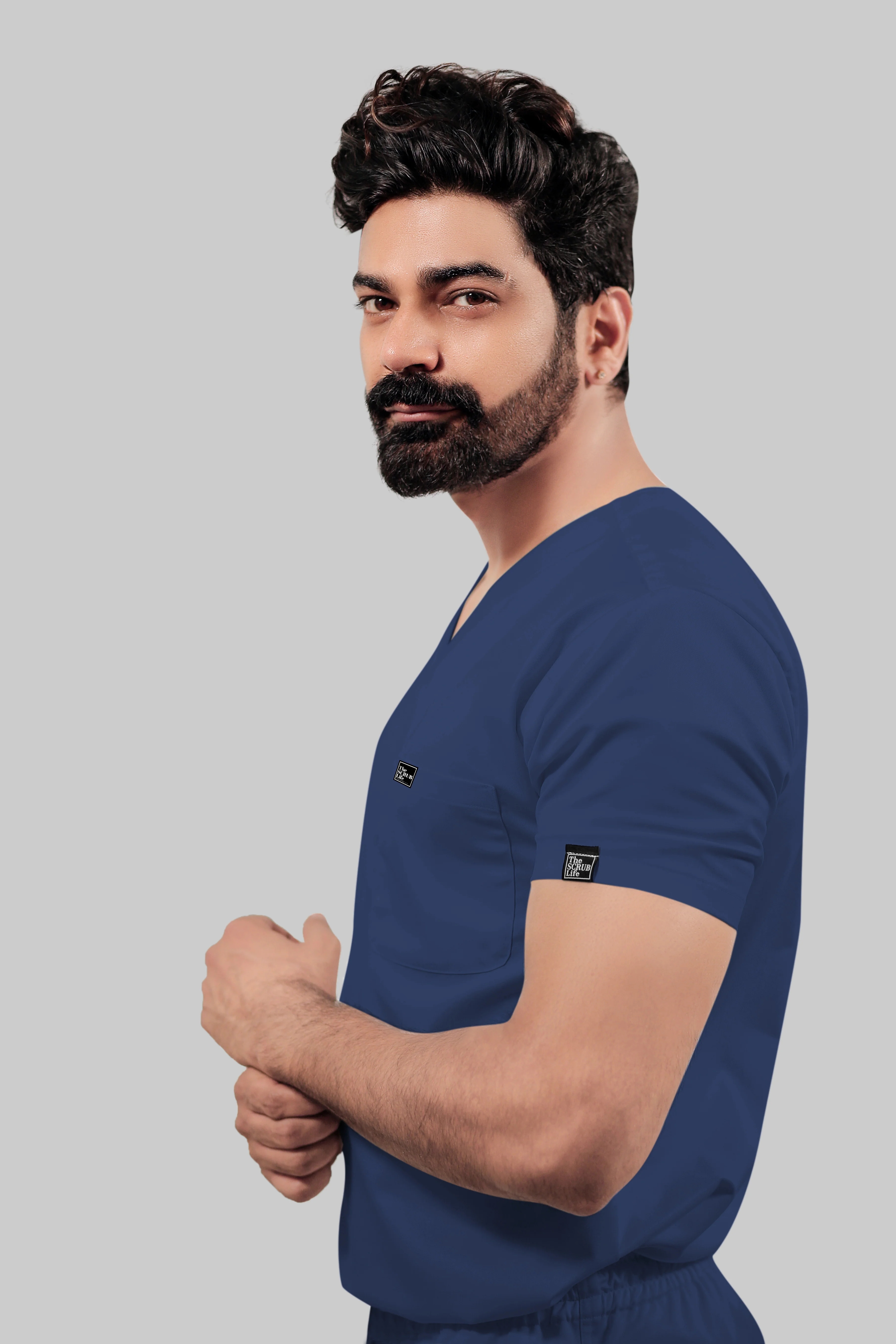 Stretchable (4Way) Men Royal Blue V-Neck With Straight Pant Scrub Set - Image 4