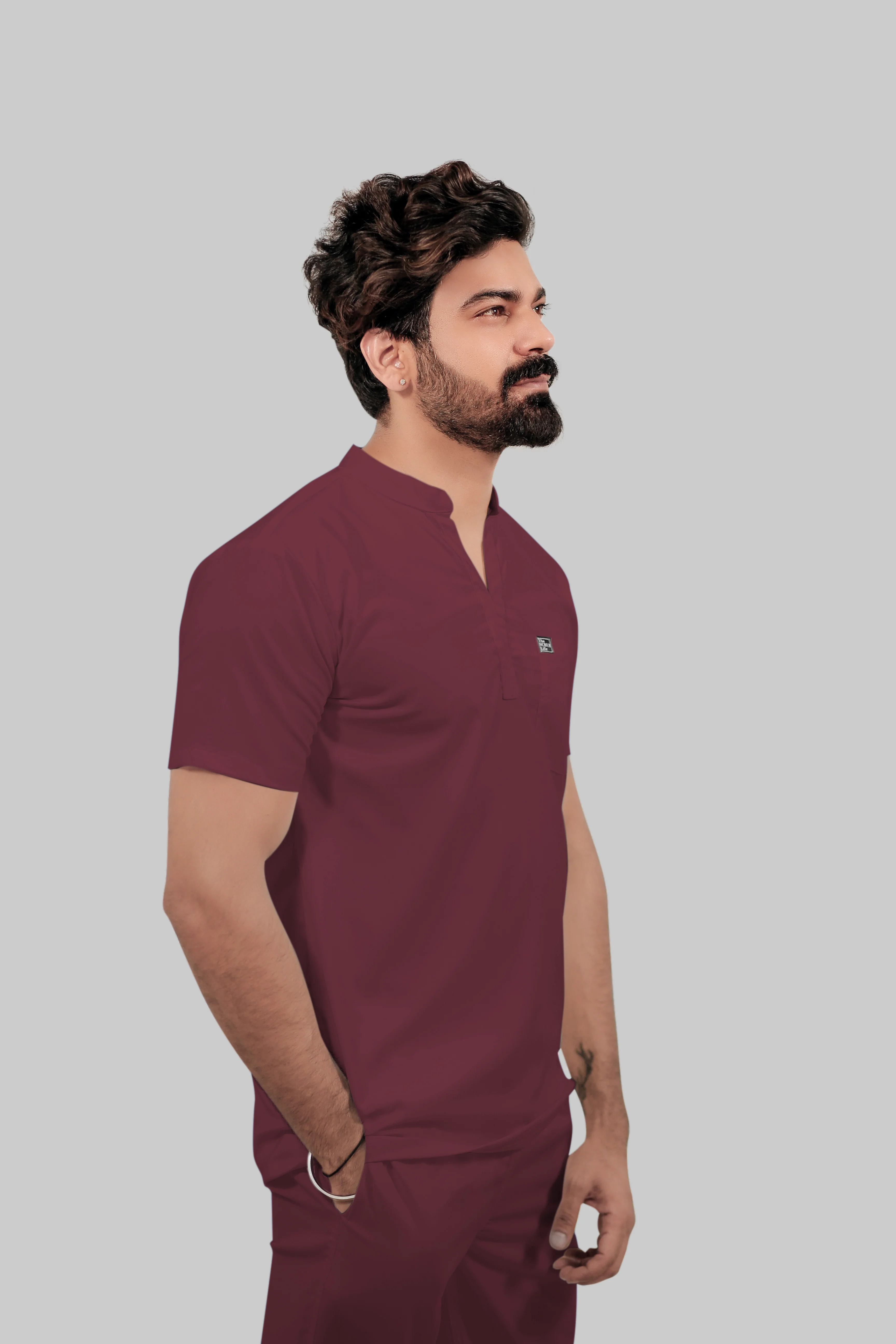 Stretchable (4Way) Men Mandarin Neck Burgundy Scrub Top - Image 3