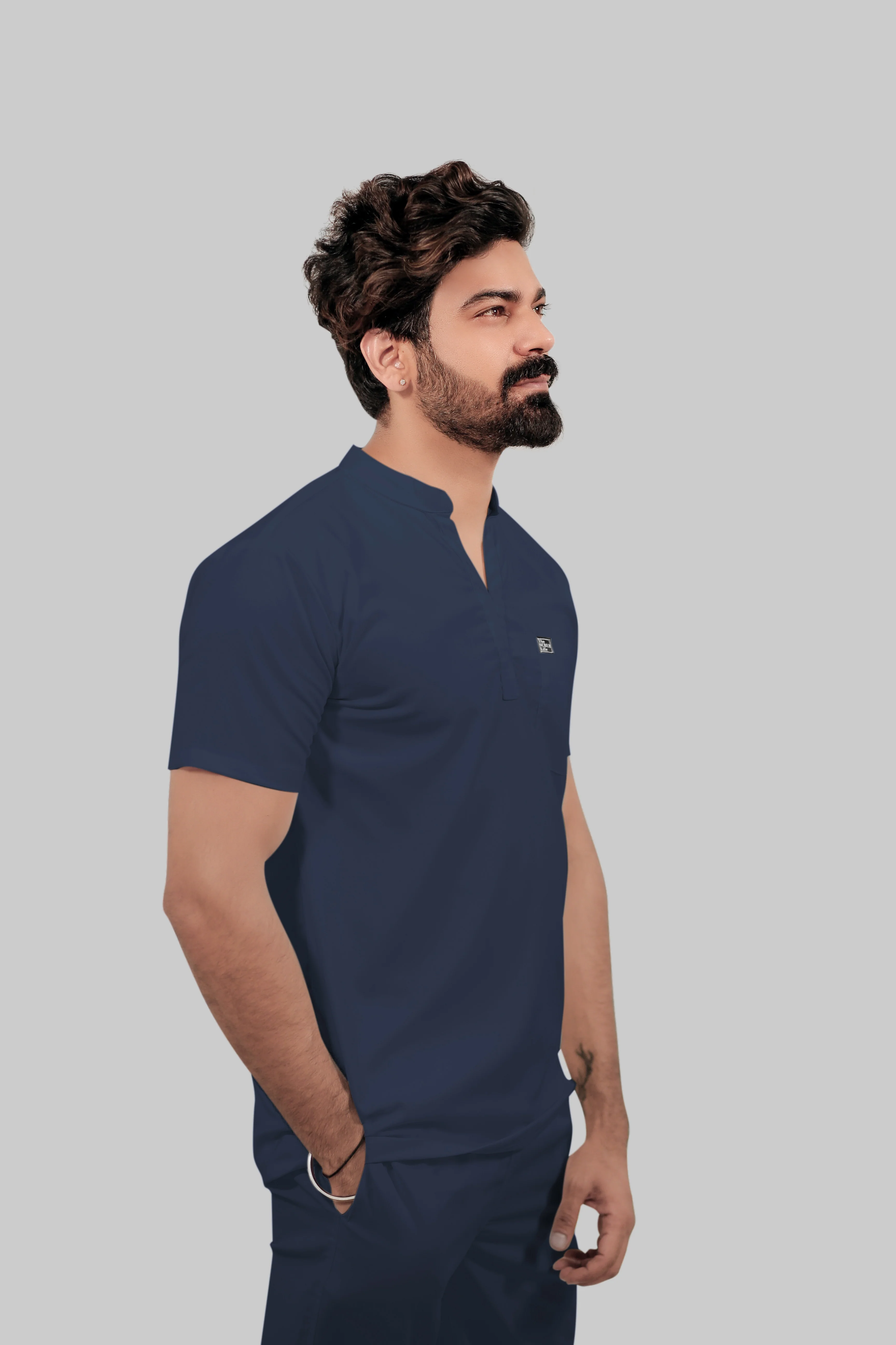 Stretchable (4Way) Men Mandarin Neck Navy Blue Scrub Top - Image 3