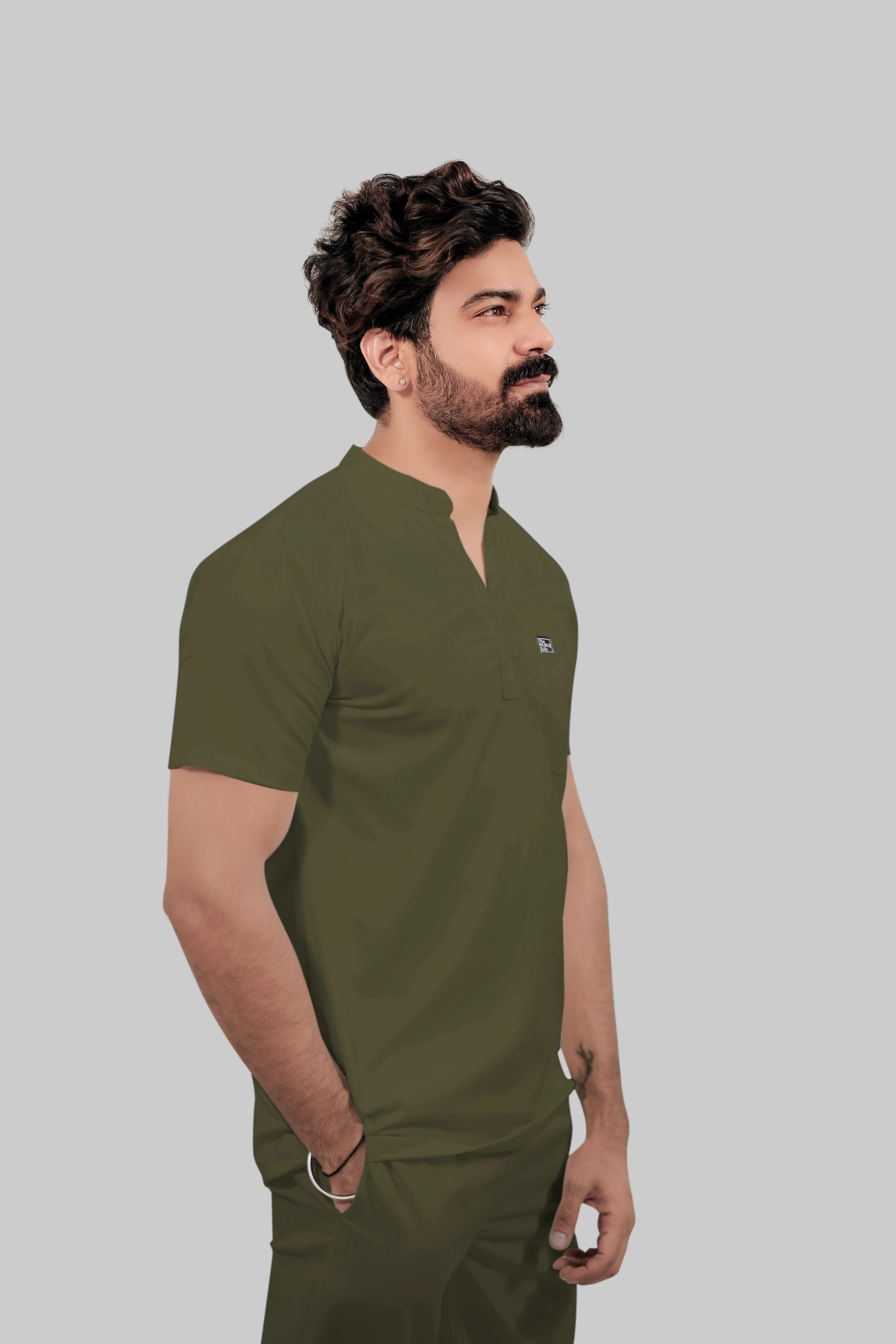 Stretchable (4Way) Men Mandarin Neck Olive Green Scrub Top - Image 3