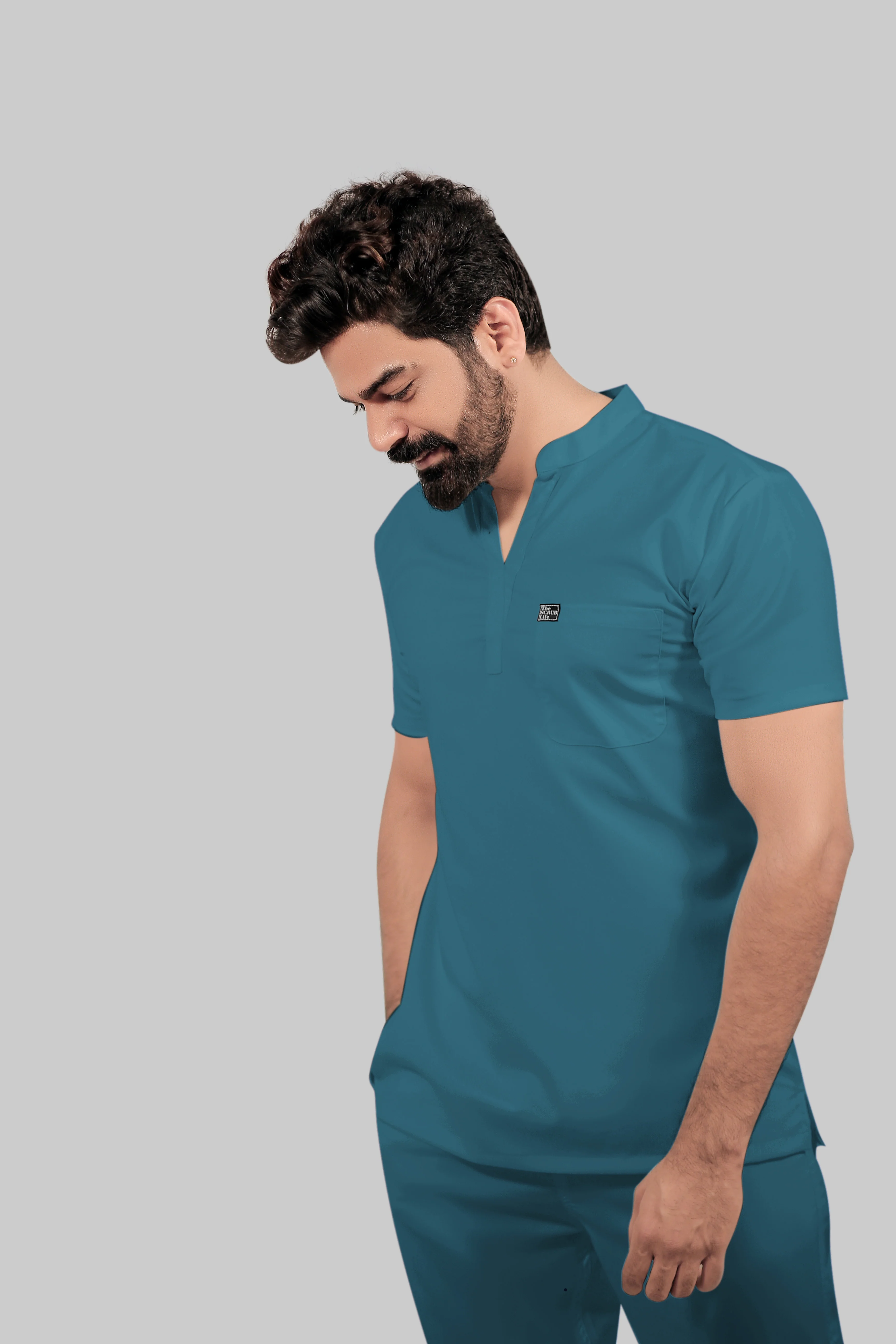 Stretchable (4Way) Men Mandarin Neck Peacock Blue Scrub Top - Image 3