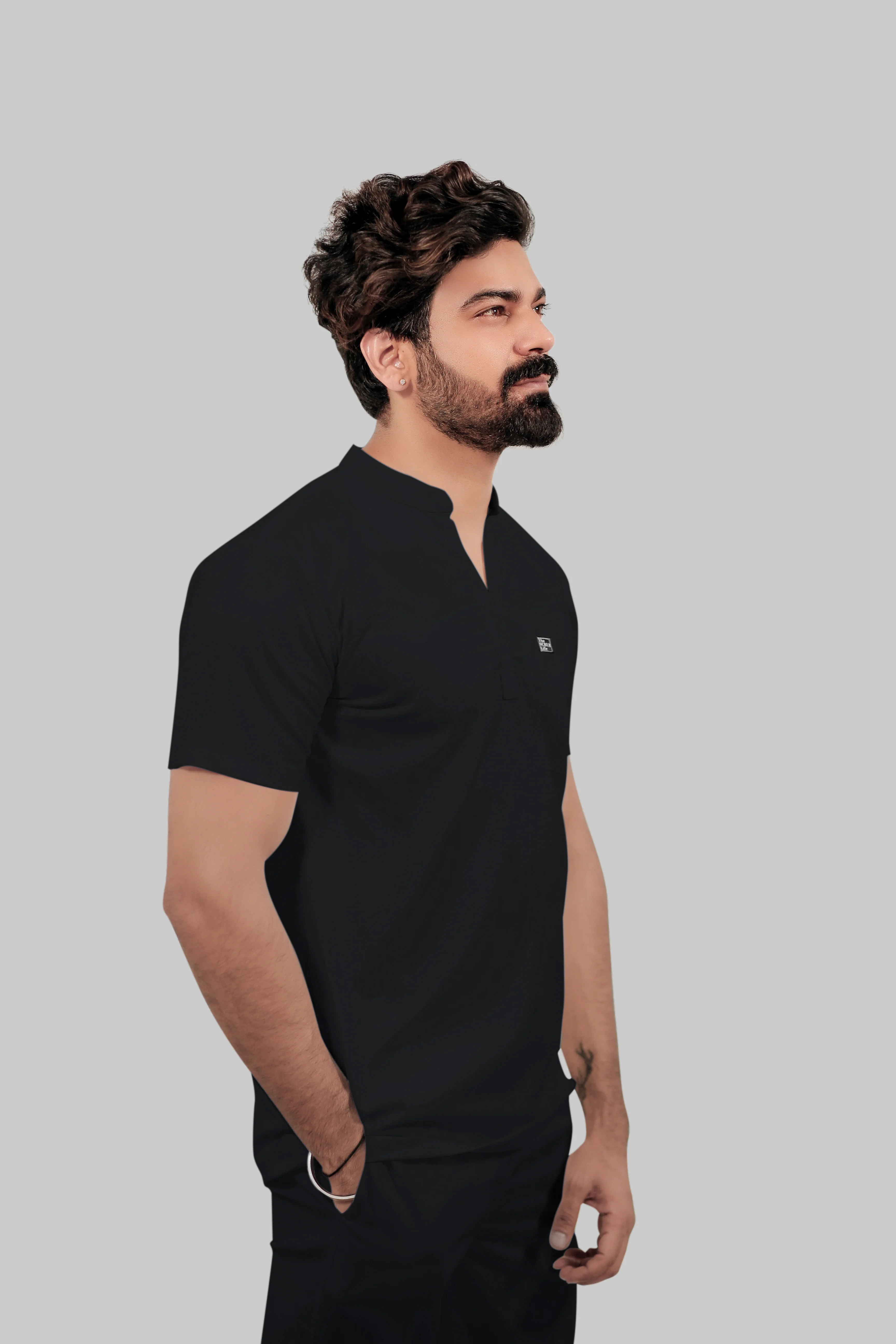 Stretchable (4Way) Men Black Mandarin Neck with Jogger Scrub Set - Image 3