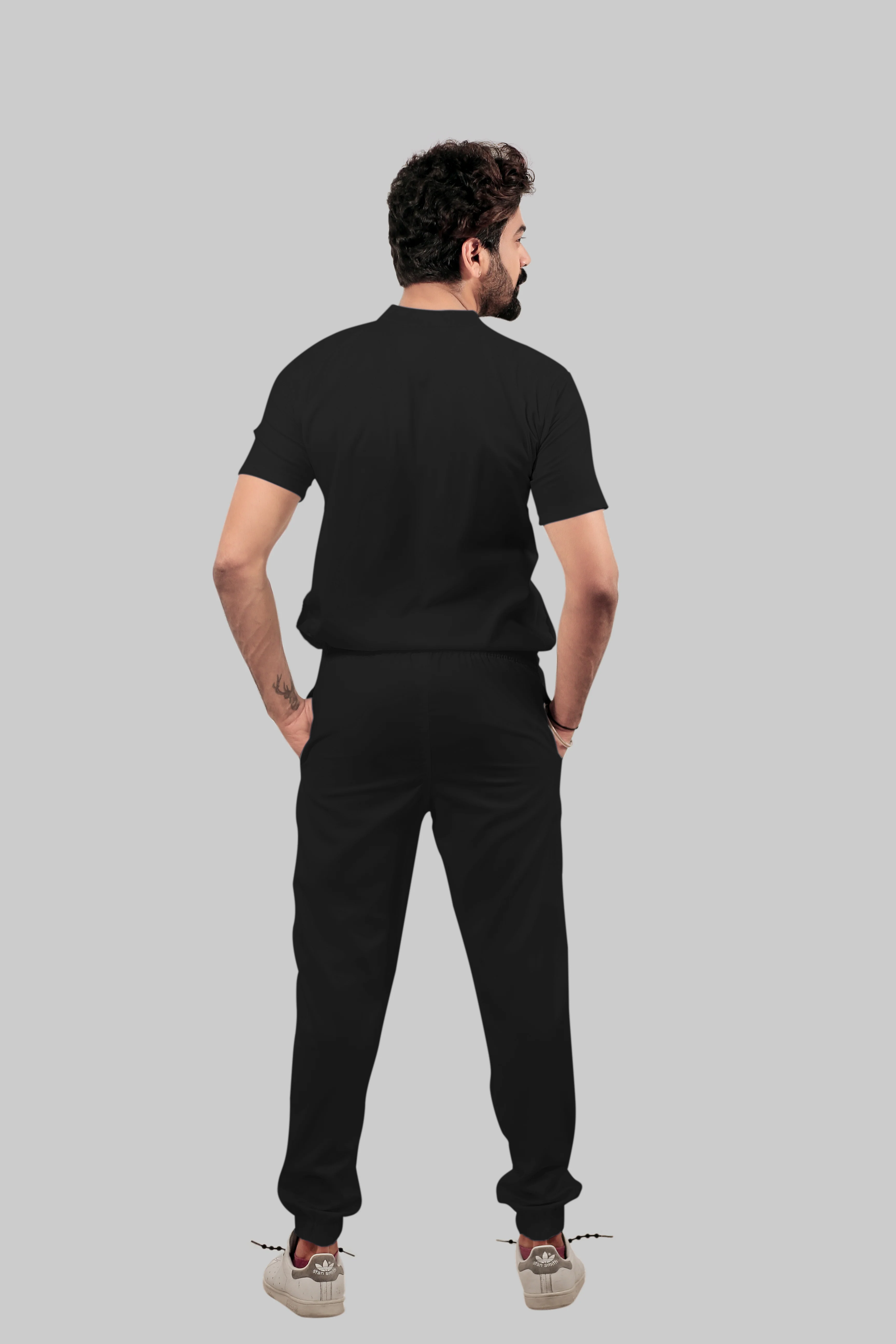 Stretchable (4Way) Men Black Mandarin Neck with Jogger Scrub Set - Image 5