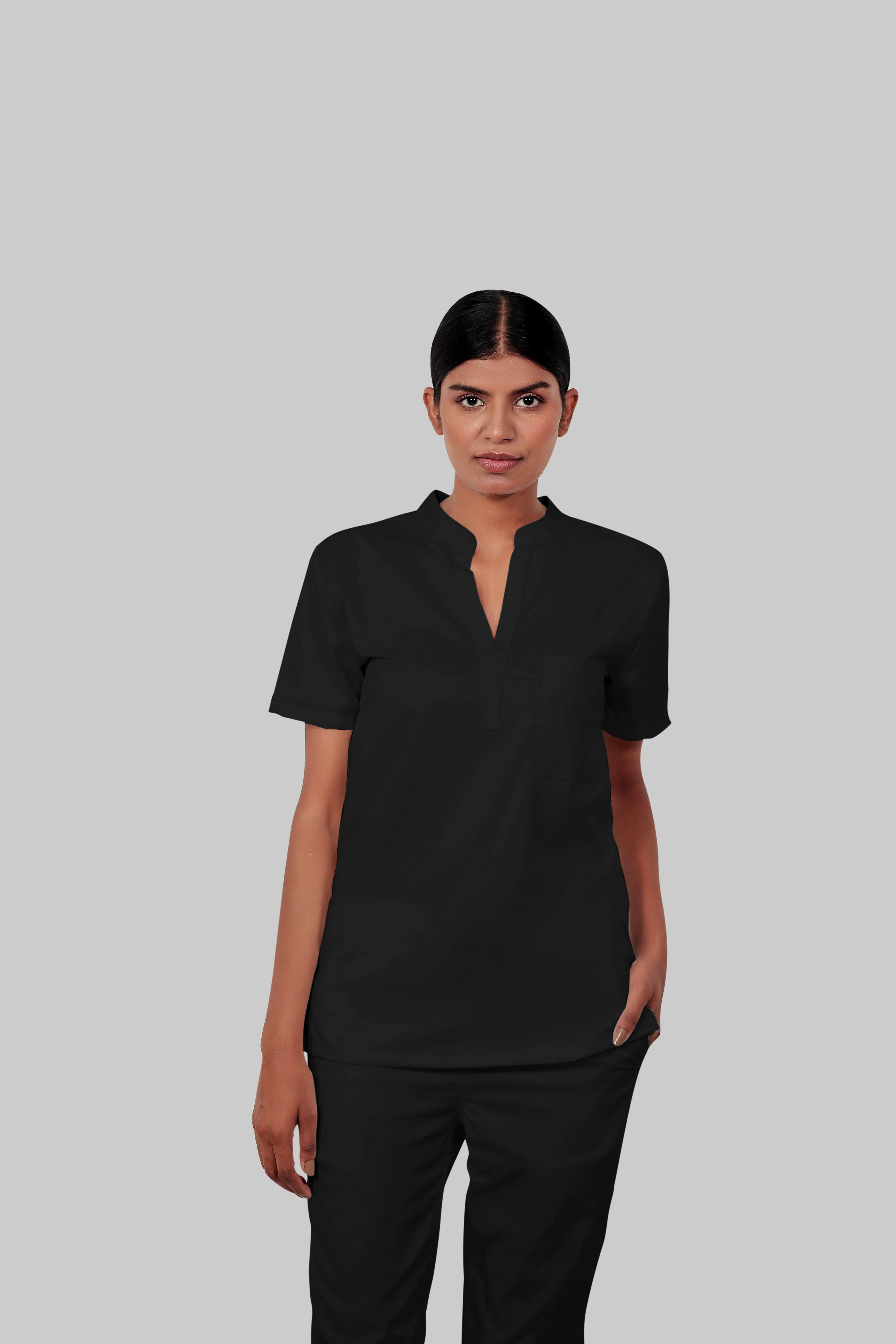 Stretchable (4Way) Women Black Mandarin Neck With Straight Pant Set - Image 3