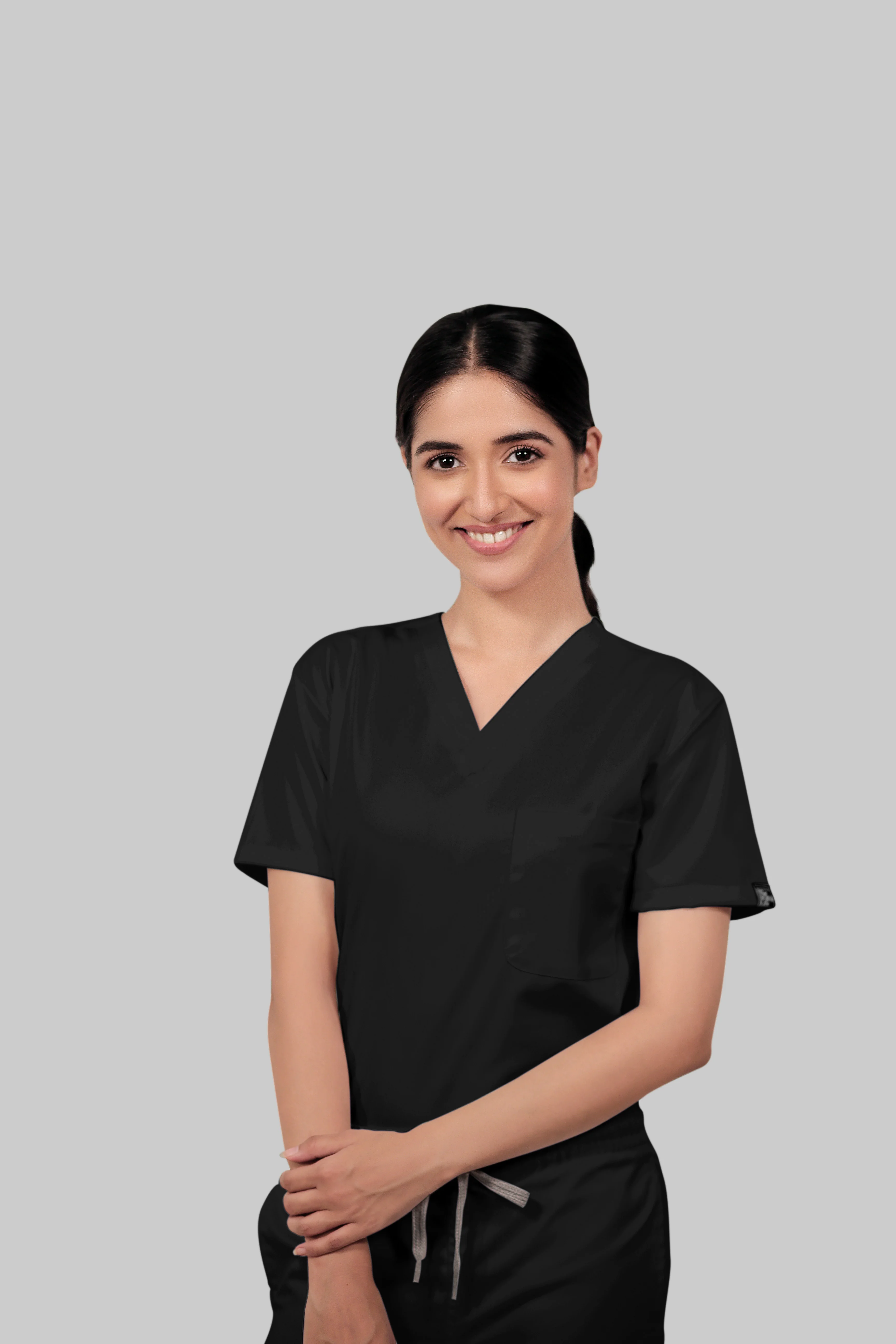 Stretchable (4Way) Women Black V-Neck With Straight Pant Scrub Set - Image 4