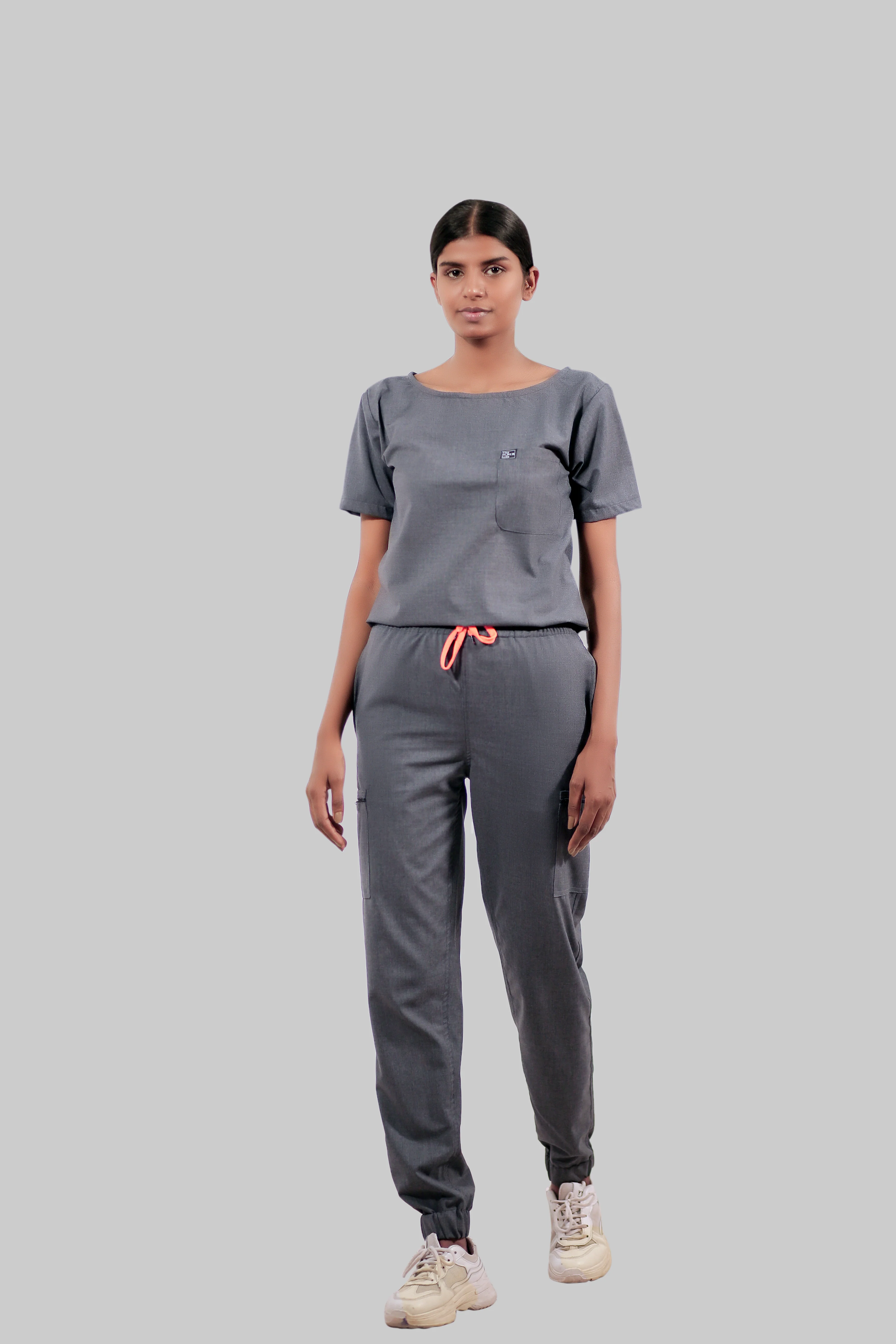 Stretchable (4Way) Women Dark Gray Boat Neck Scrub Top - Image 5