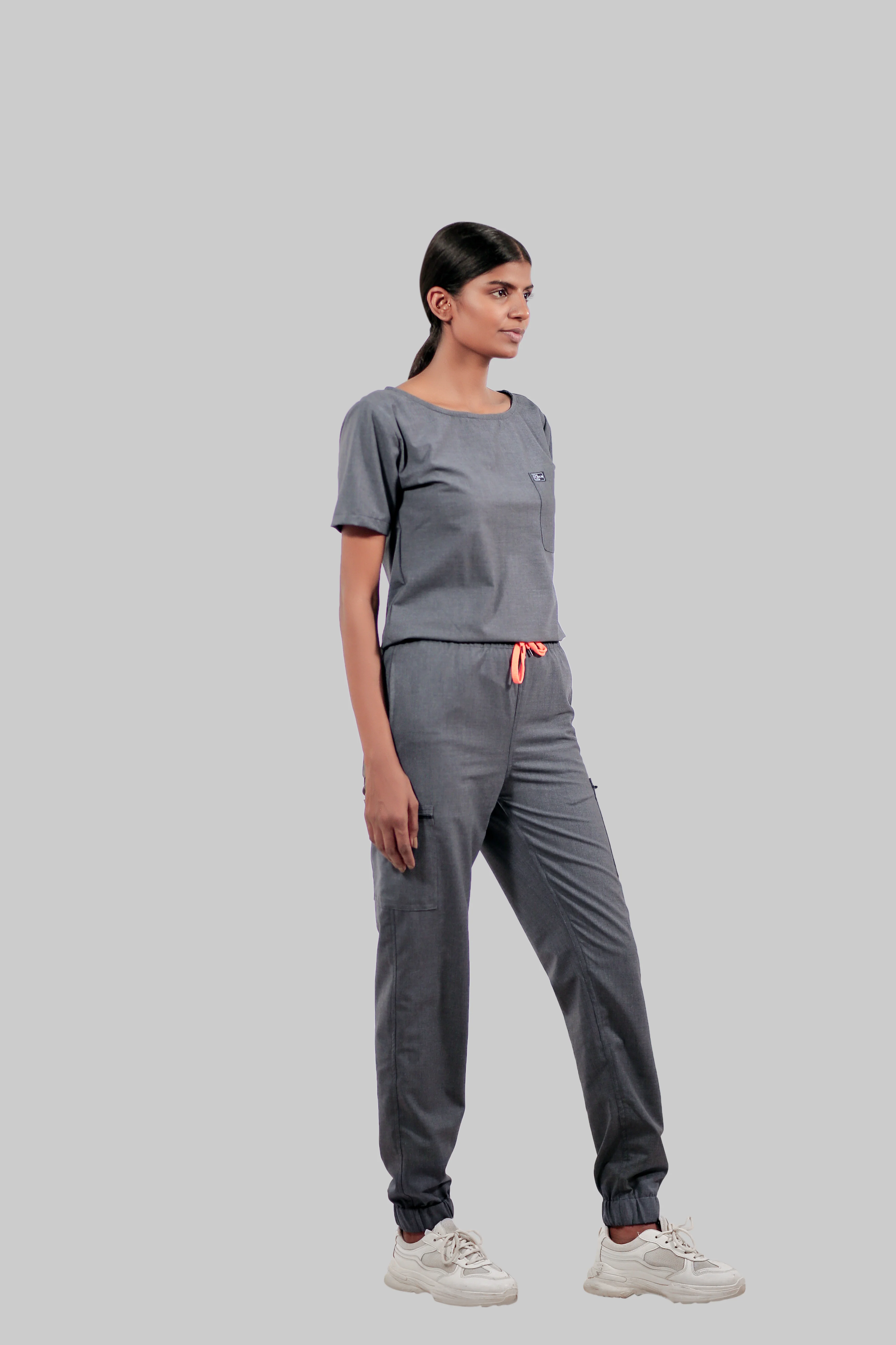 Stretchable (4Way) Women Dark Gray Boat Neck Scrub Top - Image 7