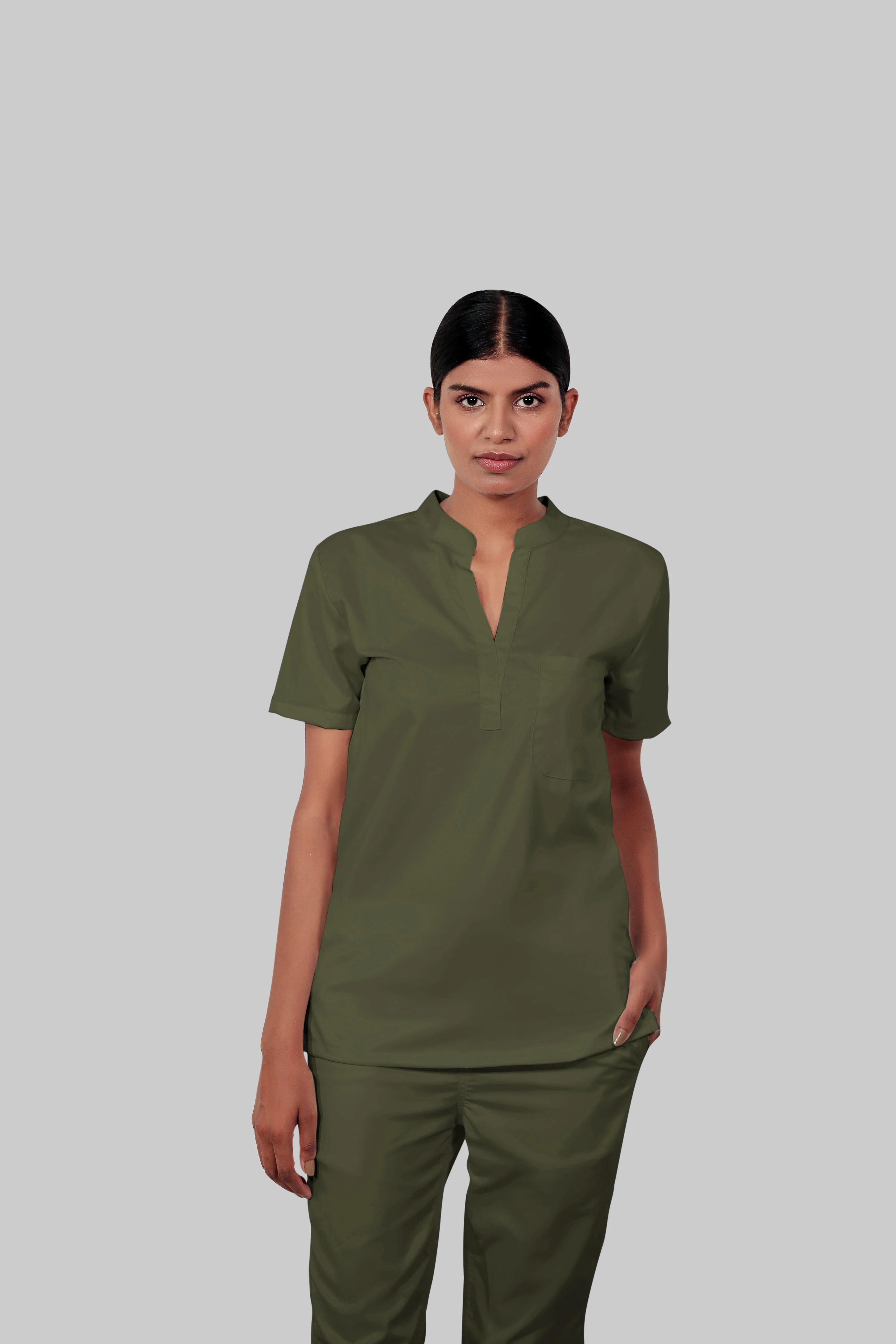 Stretchable (4Way) Women Olive Green Mandarin Neck With Straight Pant Scrub Set - Image 3
