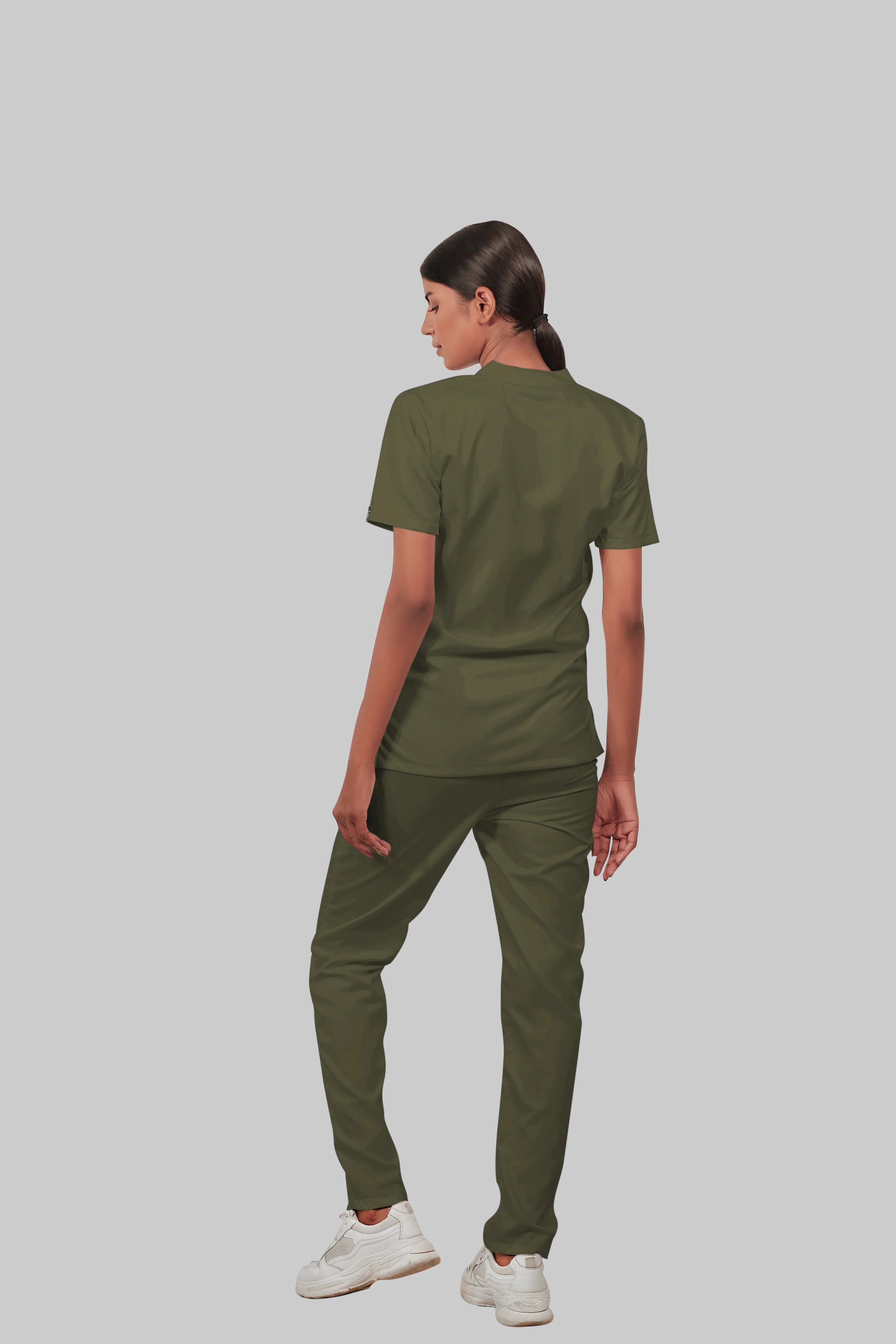 Stretchable (4Way) Women Olive Green Mandarin Neck With Straight Pant Scrub Set - Image 5