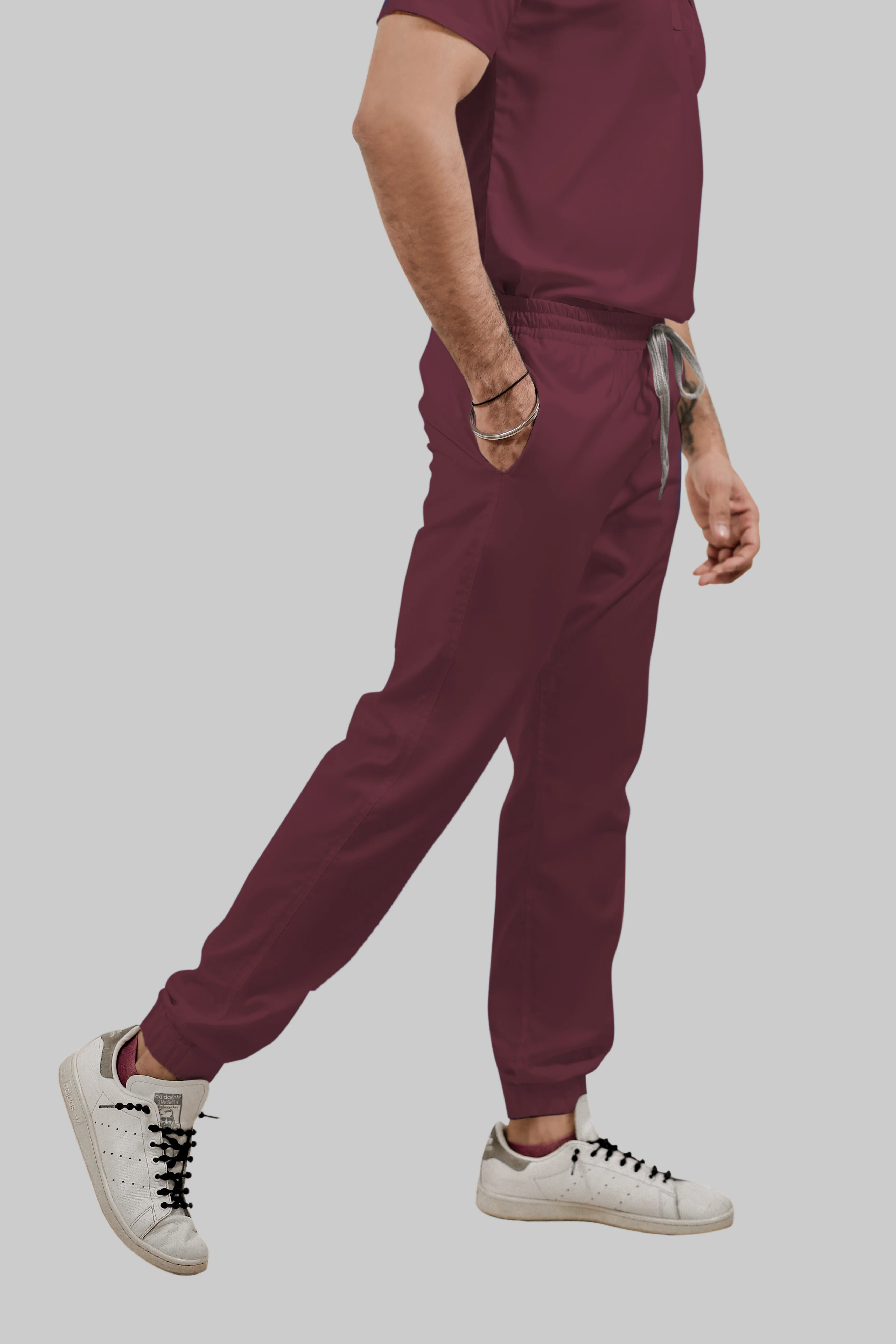 Stretchable (4Way) Men Burgundy Mandarin Neck with Jogger Scrub Set - Image 5
