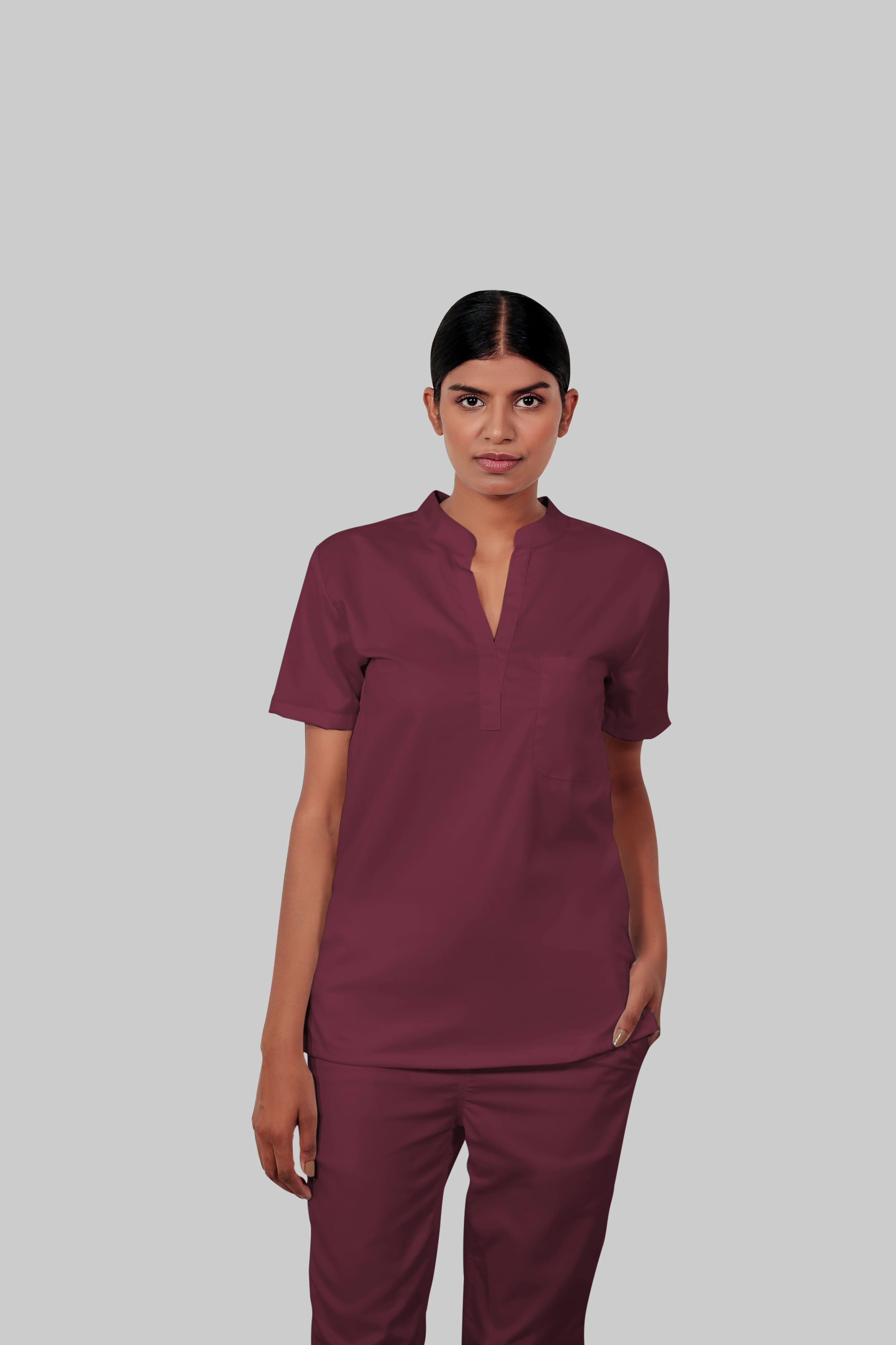 Stretchable (4Way) Women Burgundy Mandarin Neck With Straight Pant Scrub Scrub Set - Image 3