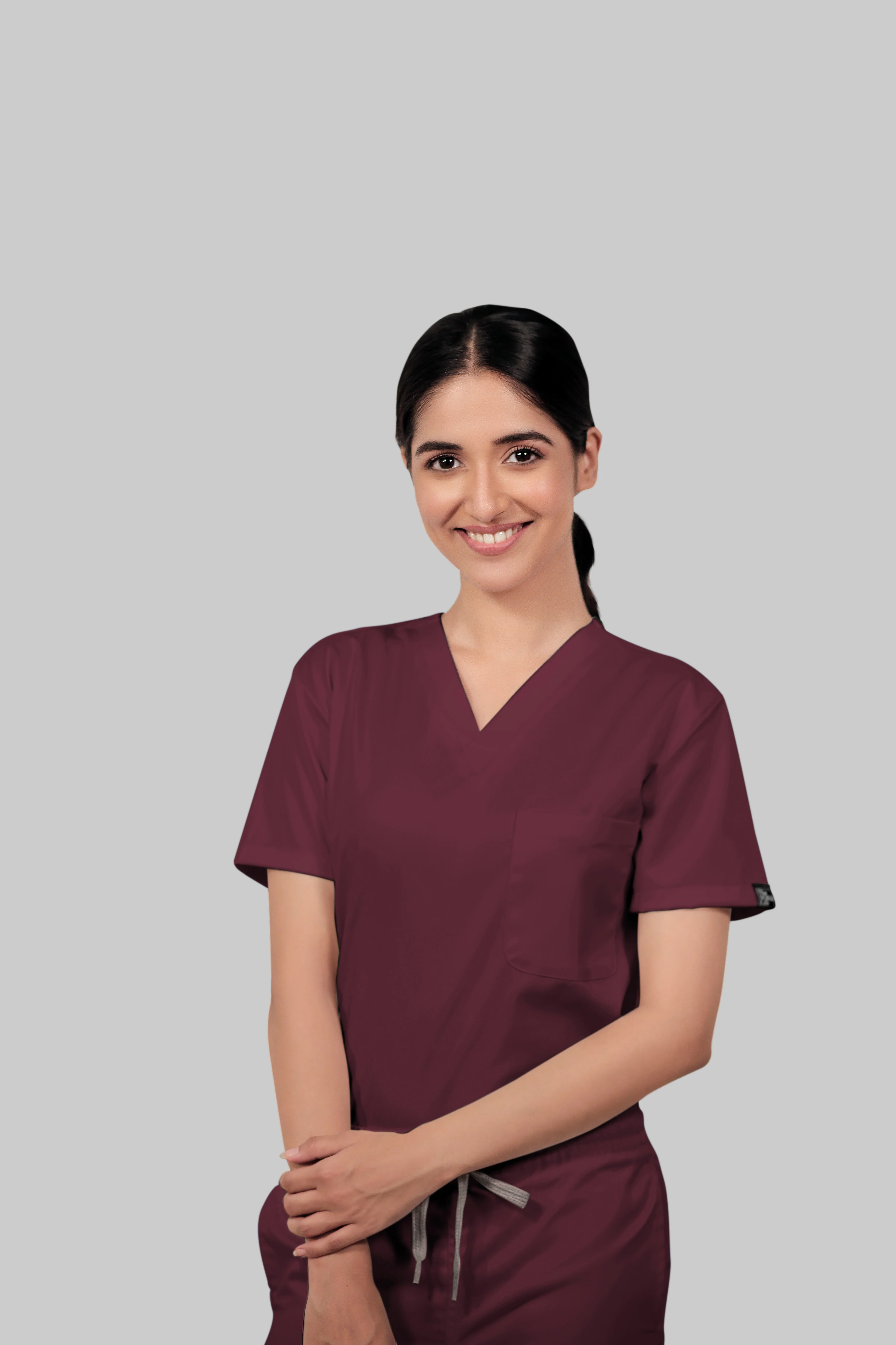 Stretchable (4Way) Women Burgundy V-Neck With Straight Pant Scrub Set - Image 4