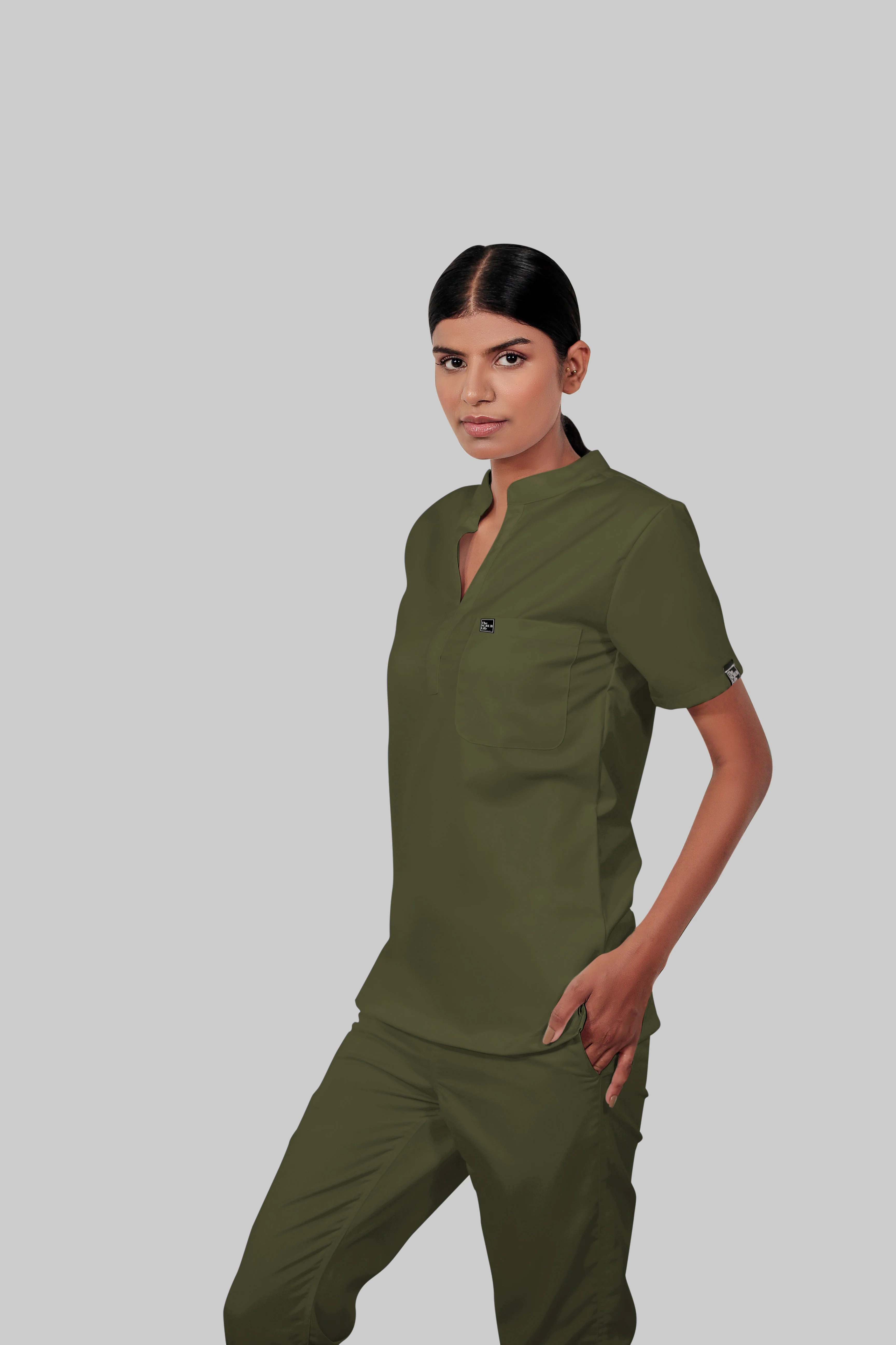 Stretchable (4Way) Women Olive Green Mandarin Neck Scrub Top - Image 3