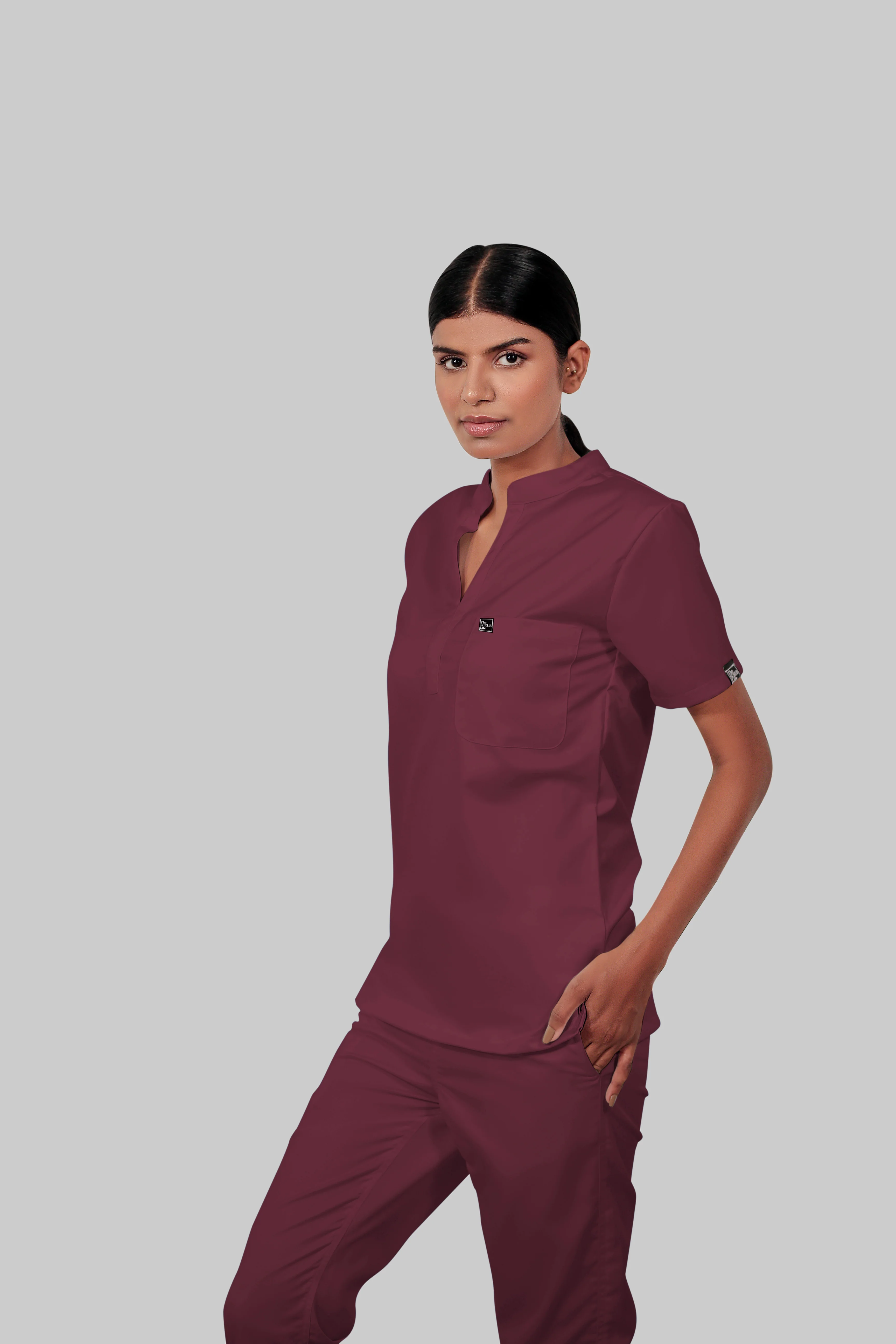 Stretchable (4Way) Women Burgundy Mandarin Neck Scrub Top - Image 3