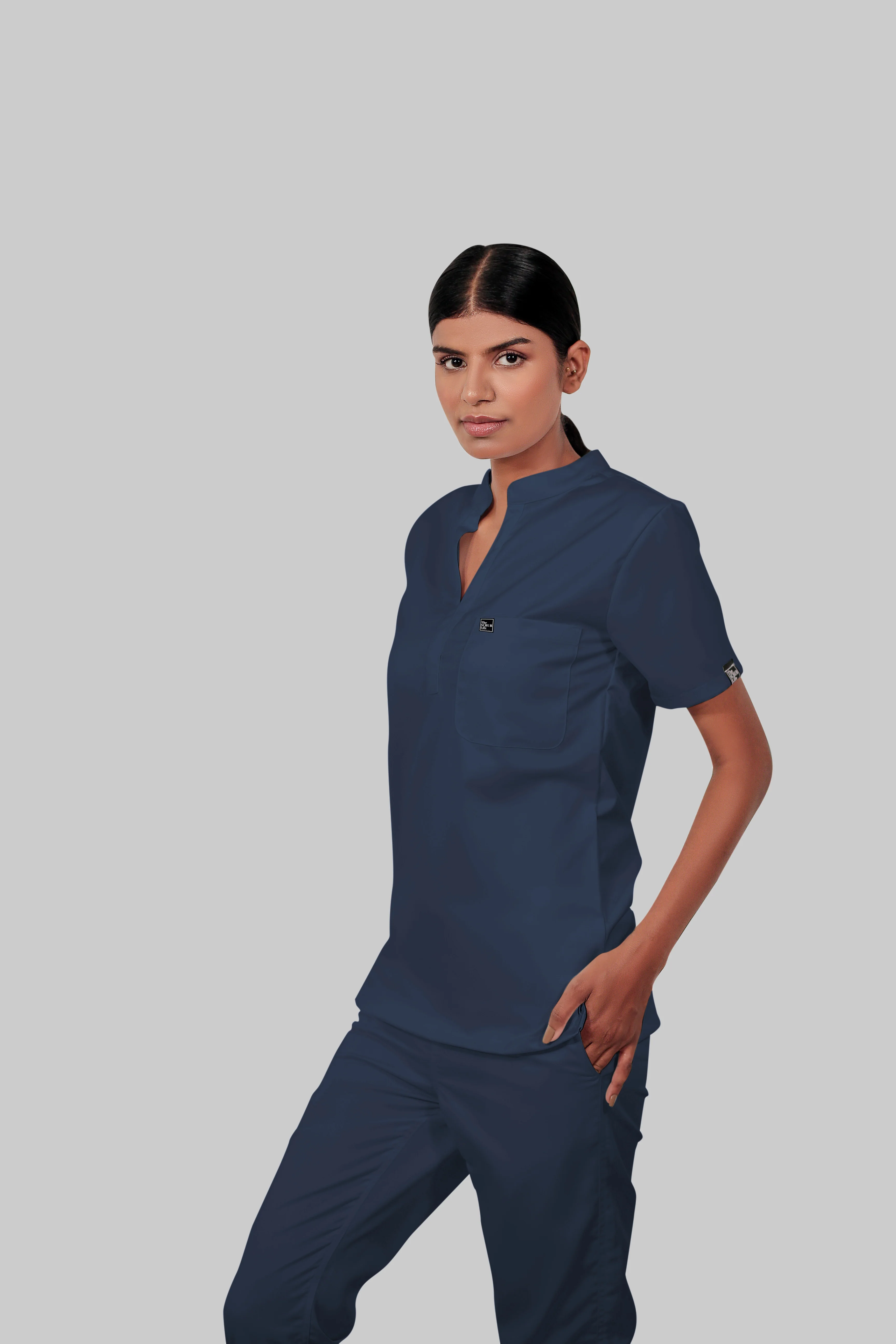 Stretchable (4Way) Women Navy Blue Mandarin Neck Scrub Top - Image 4