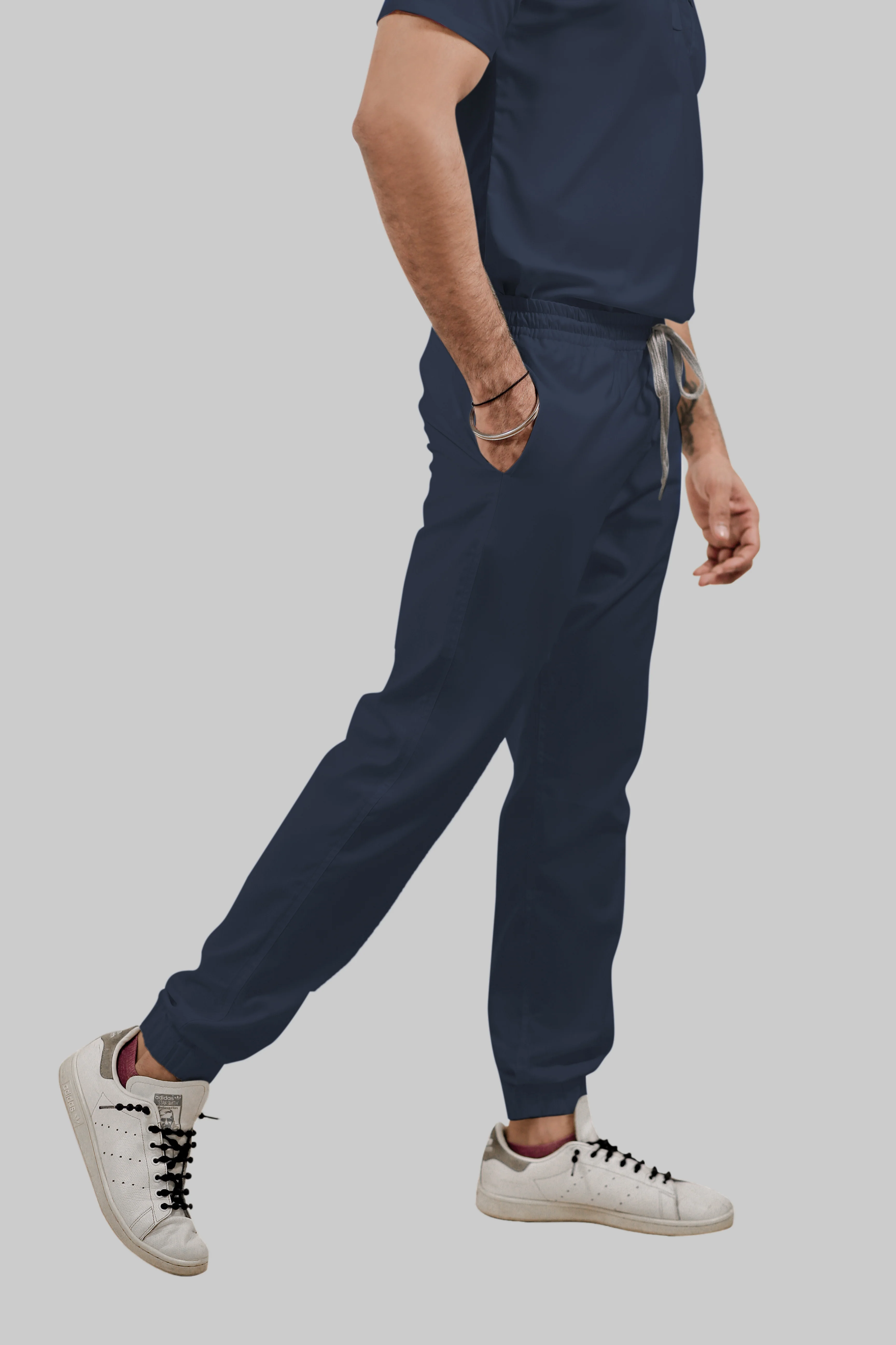 Stretchable (4Way) Men Navy Blue Mandarin Neck with Jogger Scrub Set - Image 4