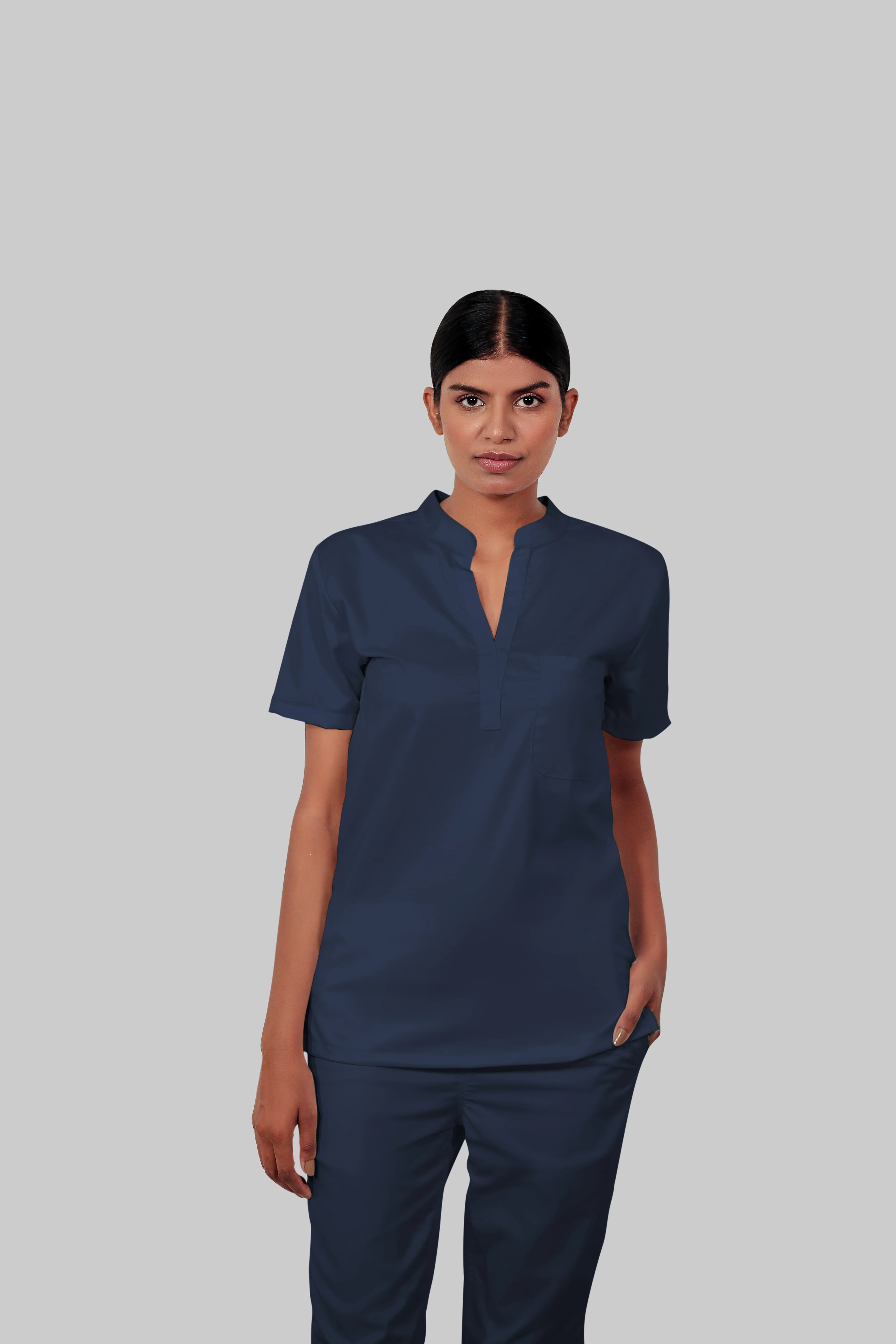 Stretchable (4Way) Women Navy Blue Mandarin Neck With Straight Pant Scrub Set - Image 3