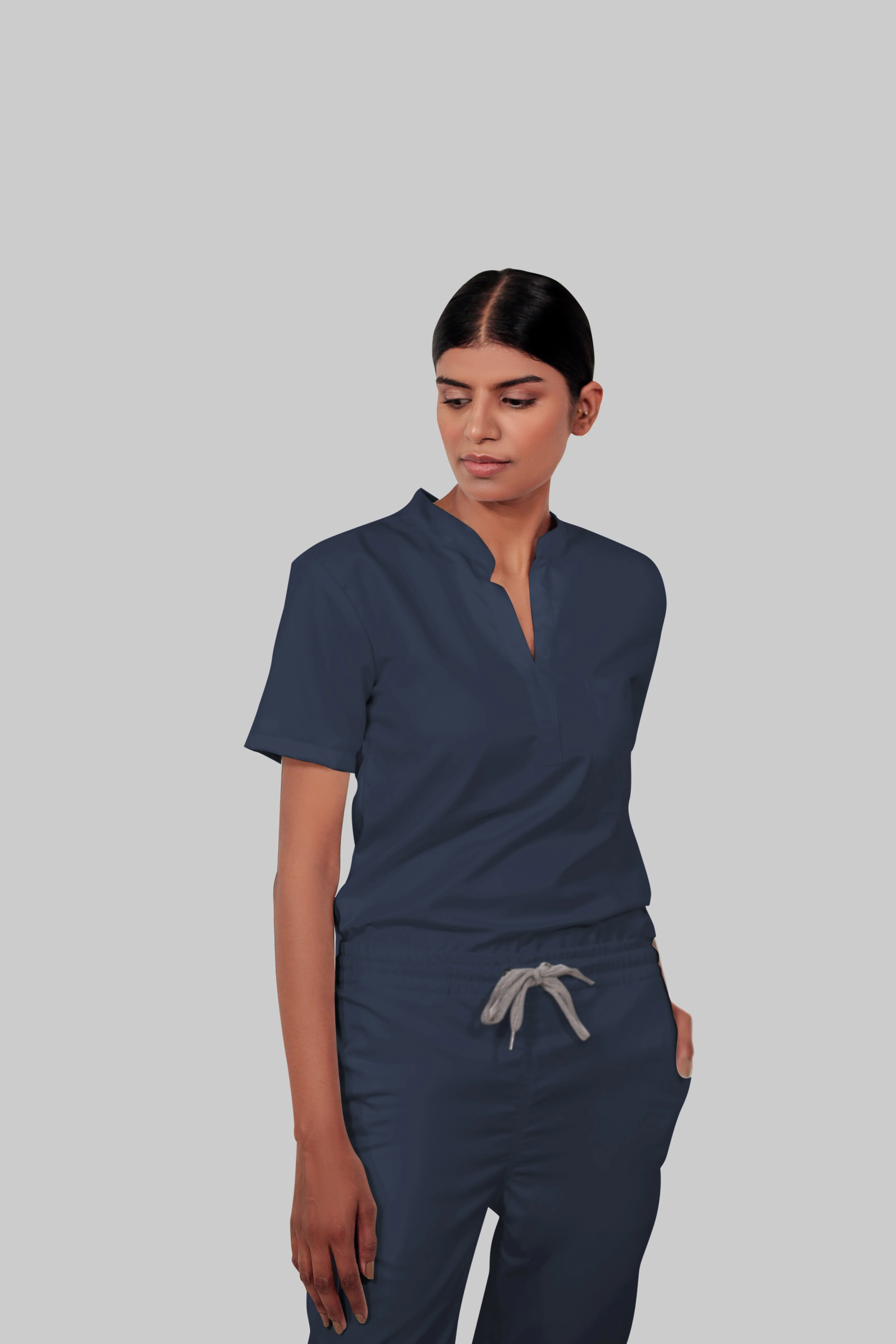 Stretchable (4Way) Women Navy Blue Mandarin Neck With Straight Pant Scrub Set - Image 4