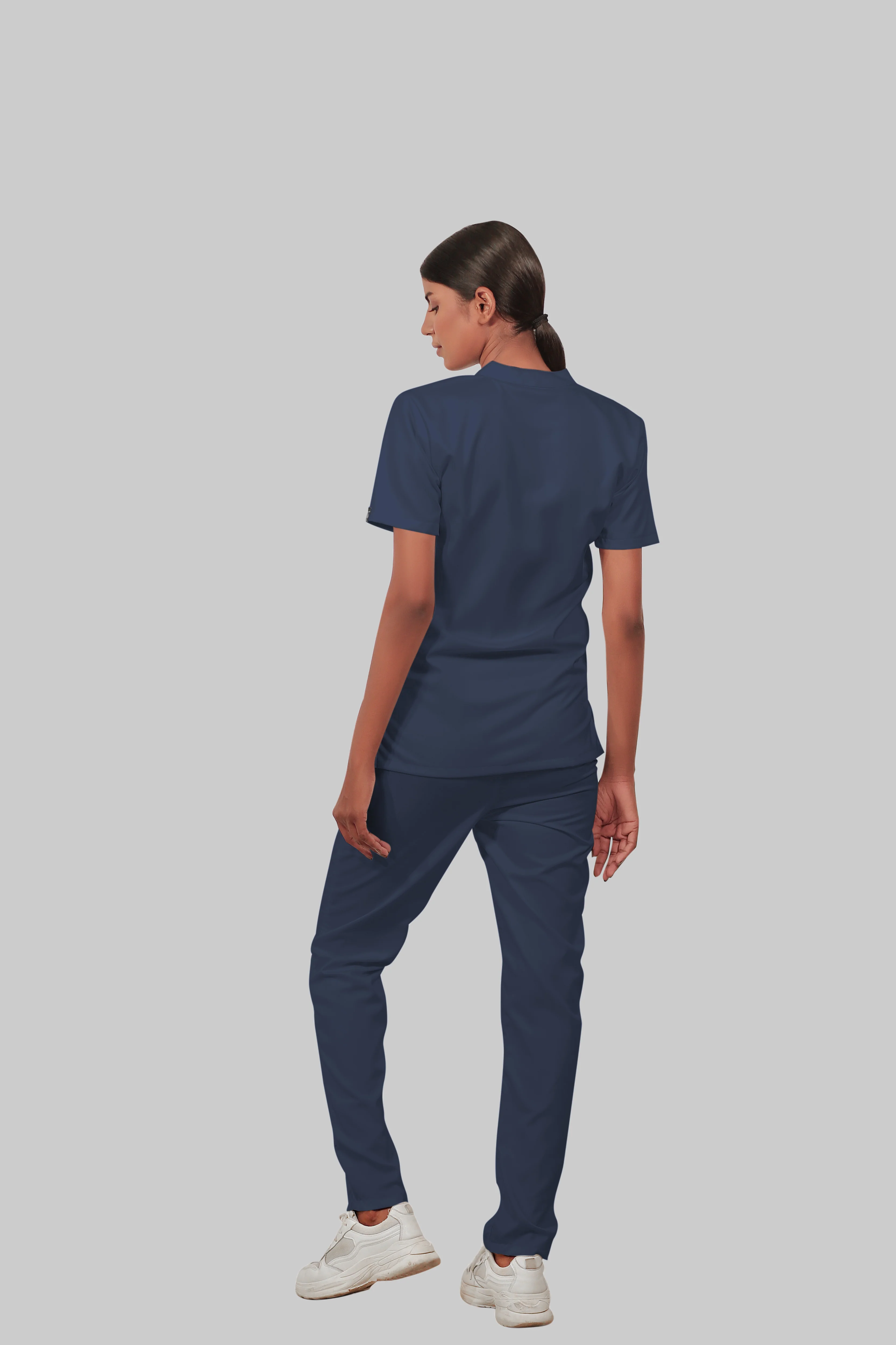 Stretchable (4Way) Women Navy Blue Mandarin Neck With Straight Pant Scrub Set - Image 5