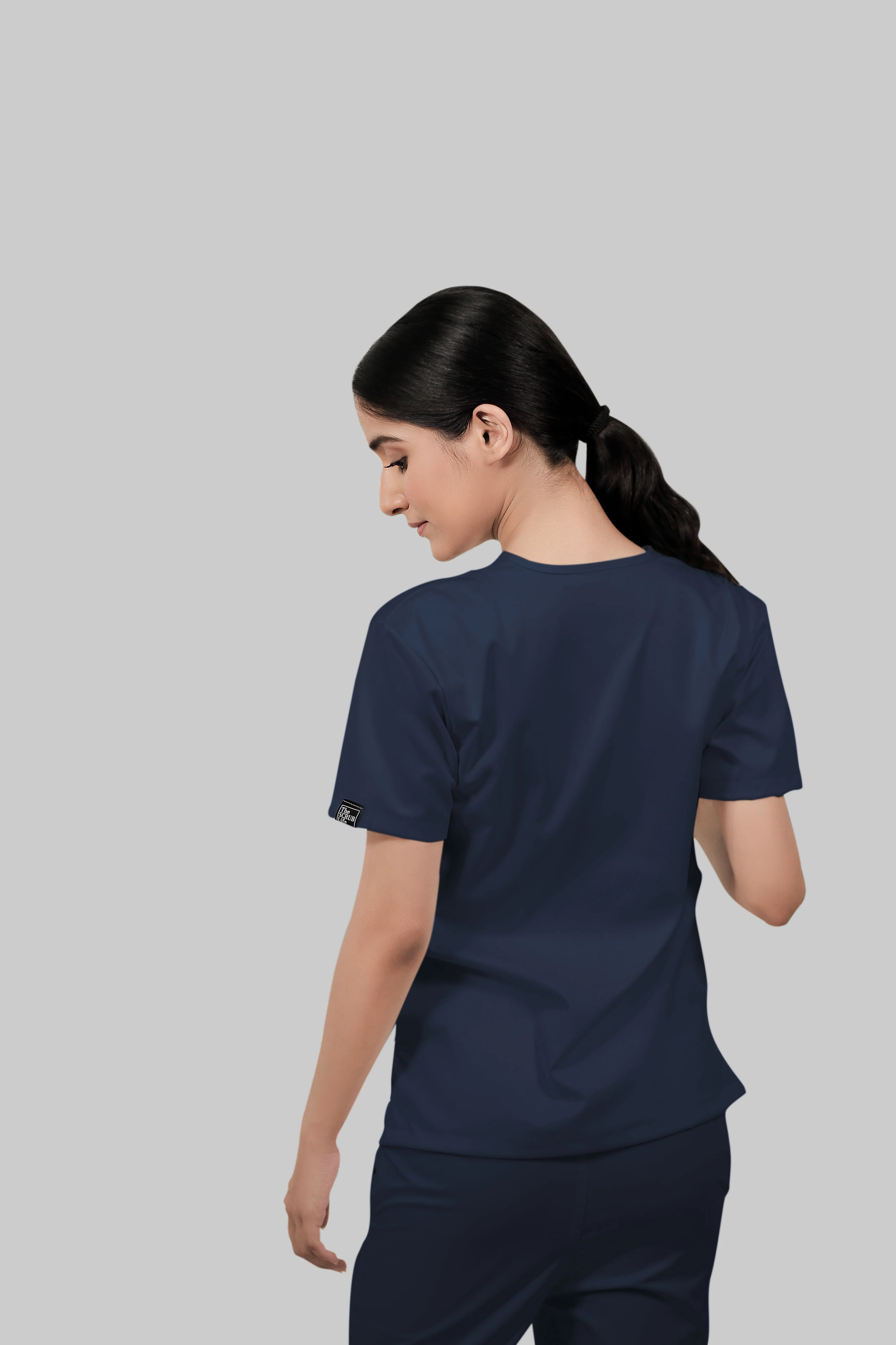 Stretchable (4Way) Women Navy Blue V-Neck With Straight Pant Scrub Set - Image 6