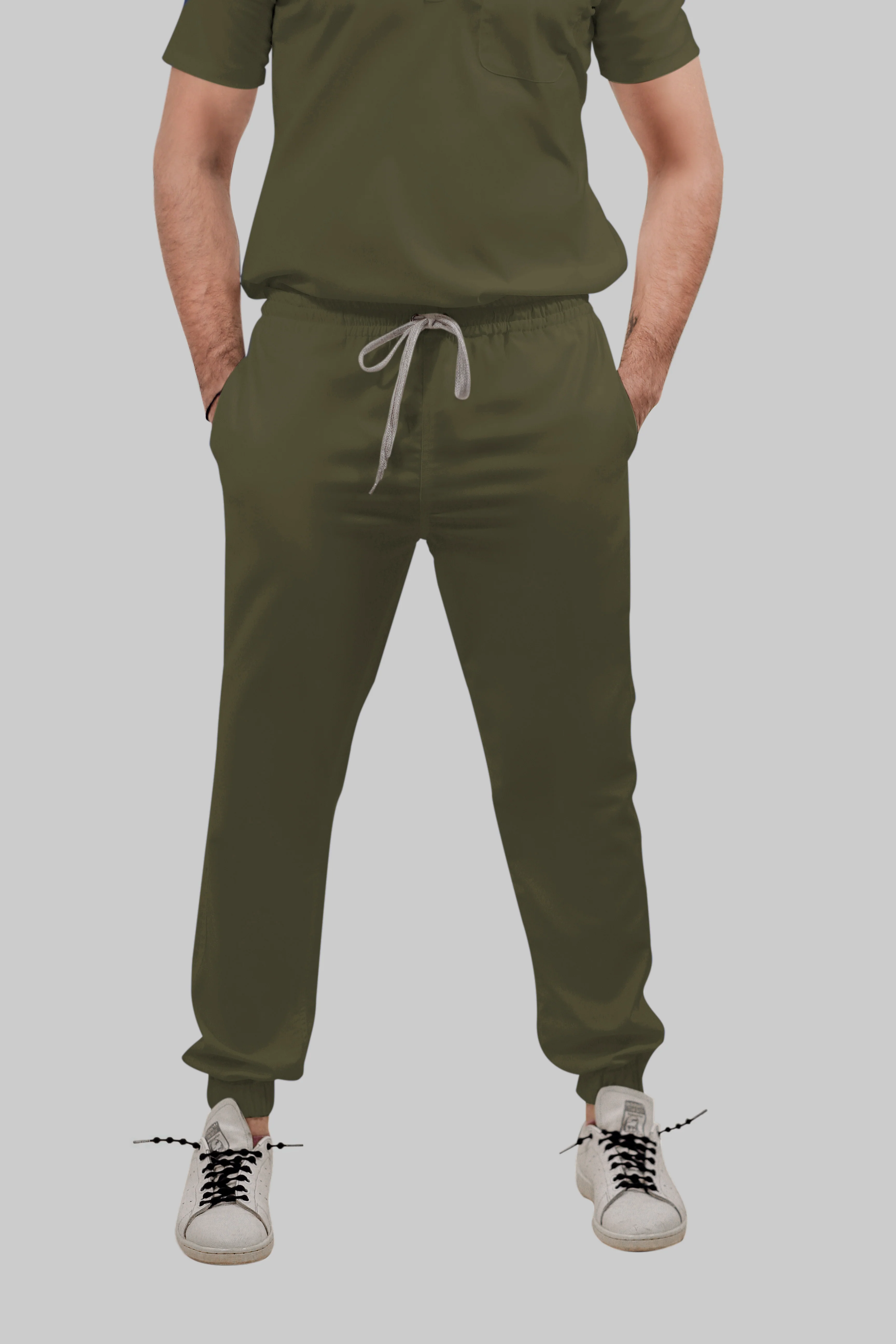 Stretchable (4Way) Men Olive Green Mandarin Neck with Jogger Scrub Set - Image 4